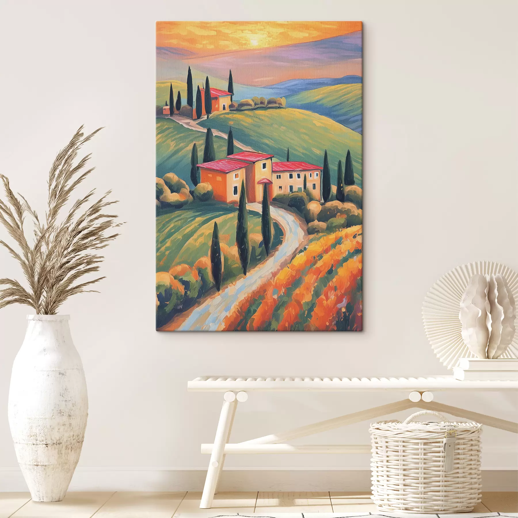 Fototapetai Toskanos peizažai, Italija, akrilo menas, seni namai, laukai, vasara s38488