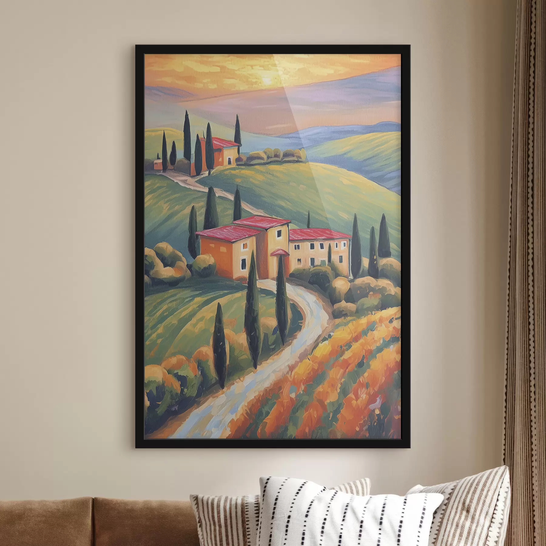 Paveikslėlis Toskanos peizažai, Italija, akrilo menas, seni namai, laukai, vasara f38488