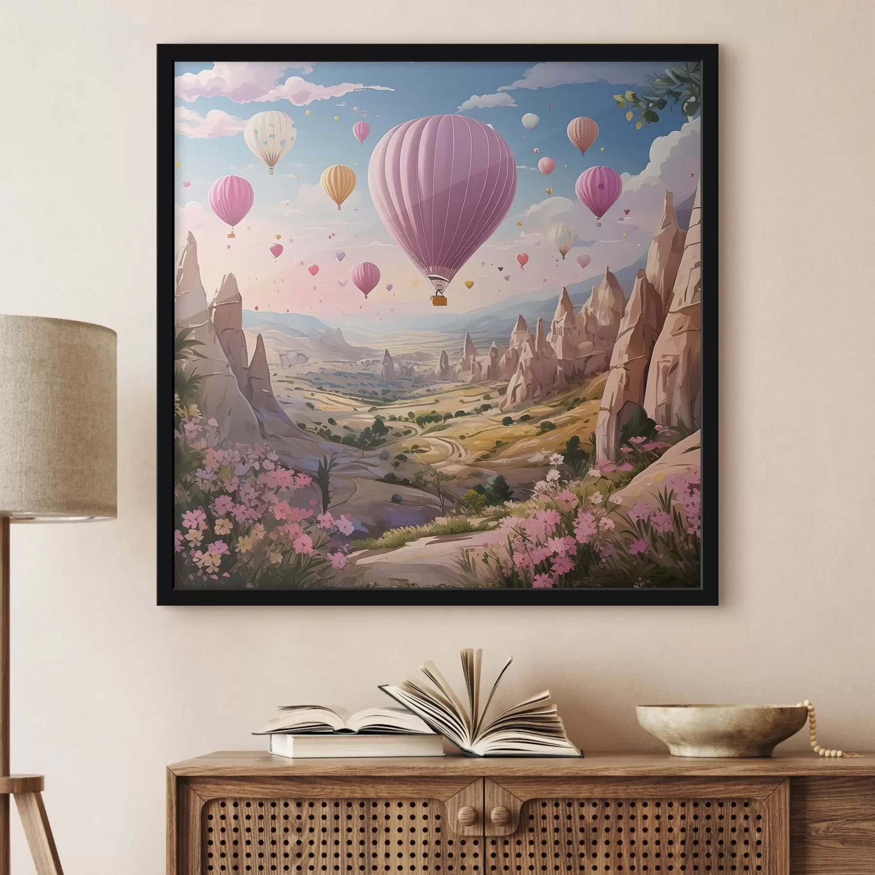 Fototapetai balionai kalnuose virš gėlių f38656