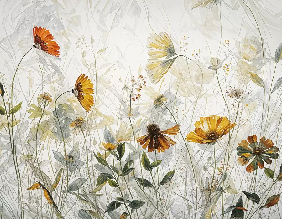 Fototapetai Ryškių gėlių laukas minkštame, miglotame fone su švelniomis baltomis gėlėmis ir švelnia žole w00708