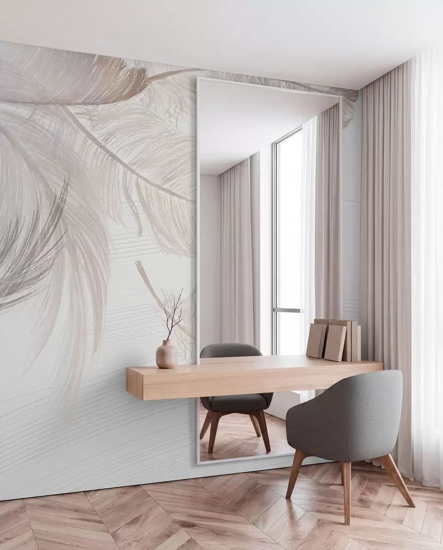 Fototapetai Šviesiame fone plaukiojančios švelnios, švelnios baltos plunksnos w00739