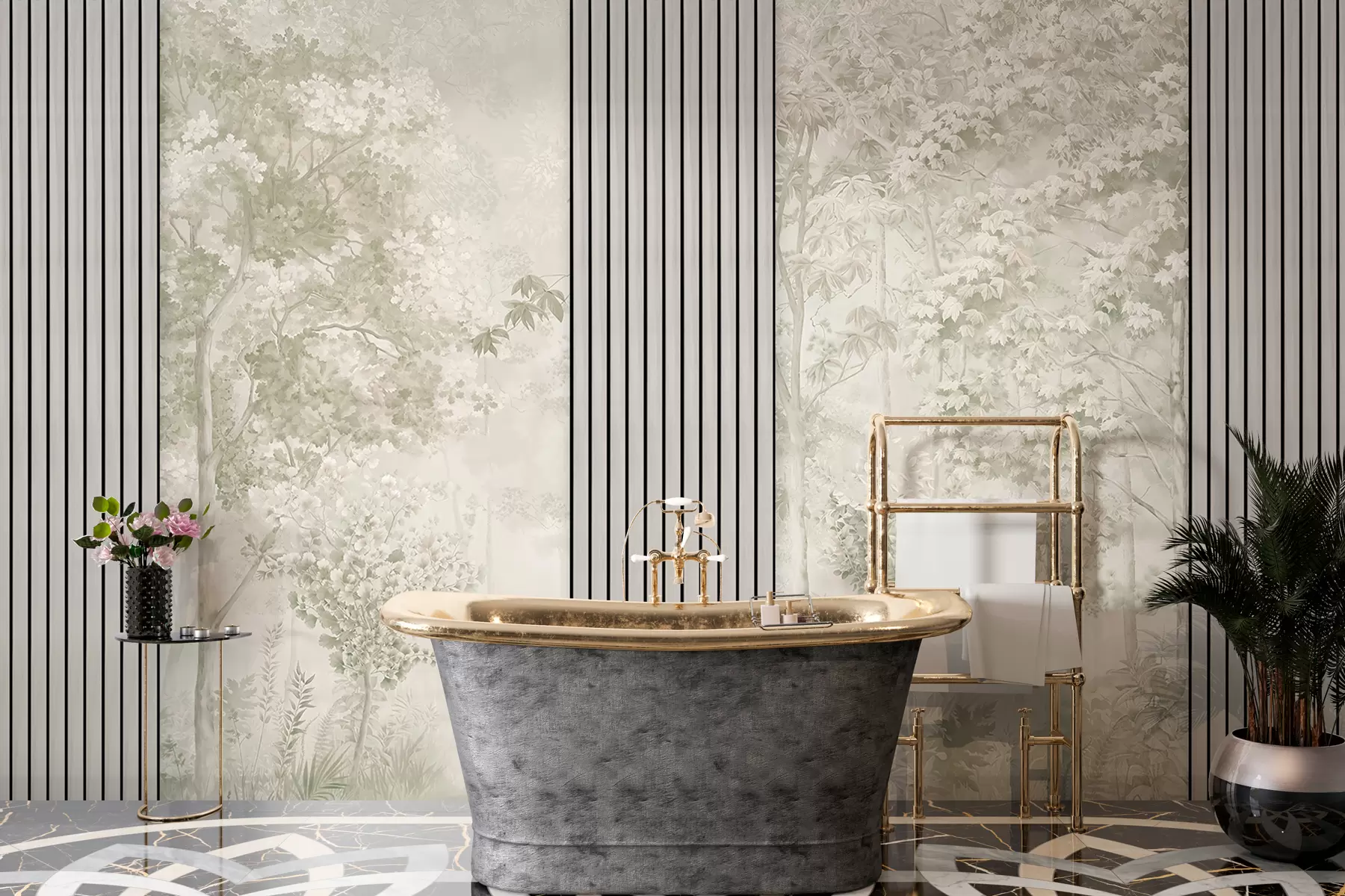 Fototapetai Medienos plokštės ir gležnas žalių tonų miškas w00670v2