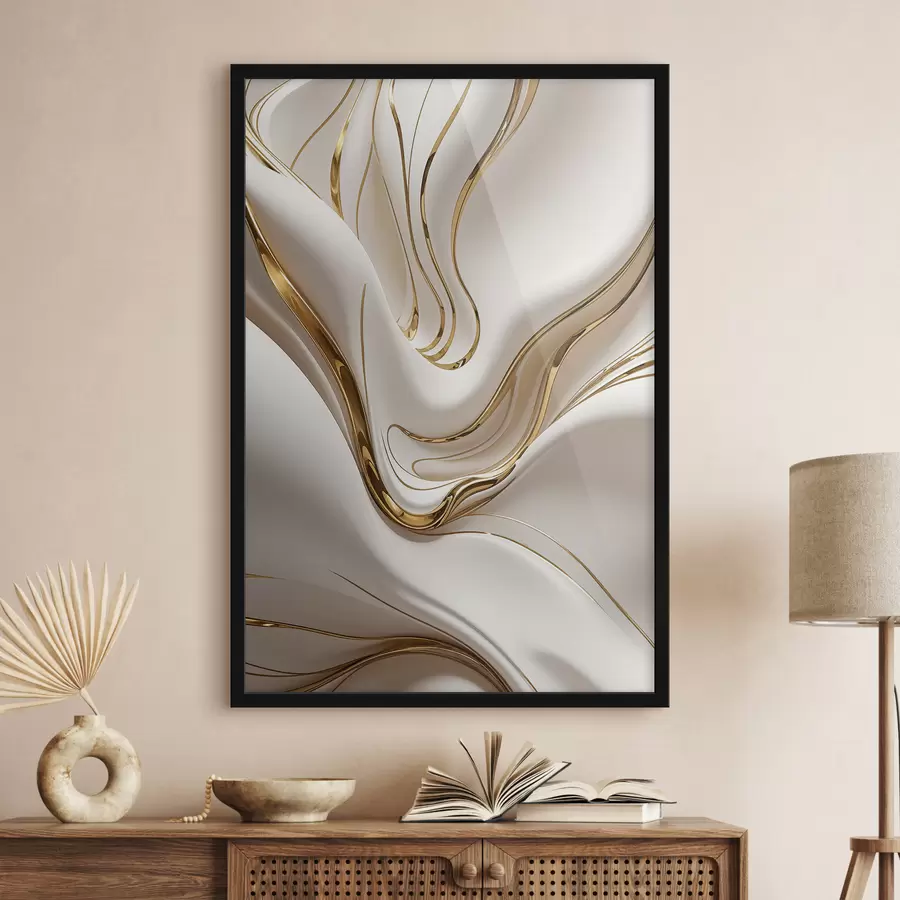 Fototapetai Tekančios ir baltos abstrakčios formos, primenančios skystą ar išlydytą metalą, dinamiška kompozicija f38767