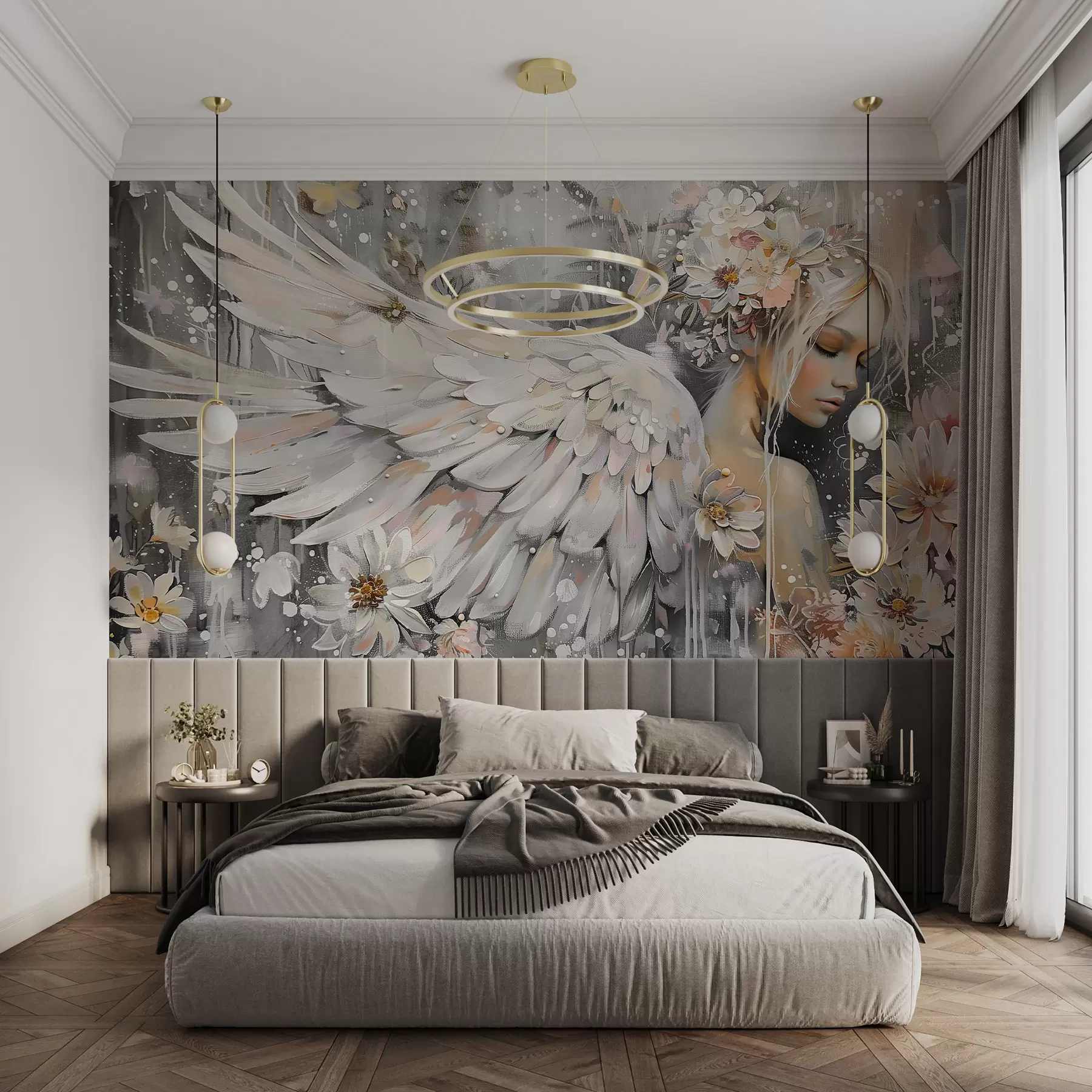 Fototapetai Angelo mergina pilkame fone, nudažytame aliejumi w00761