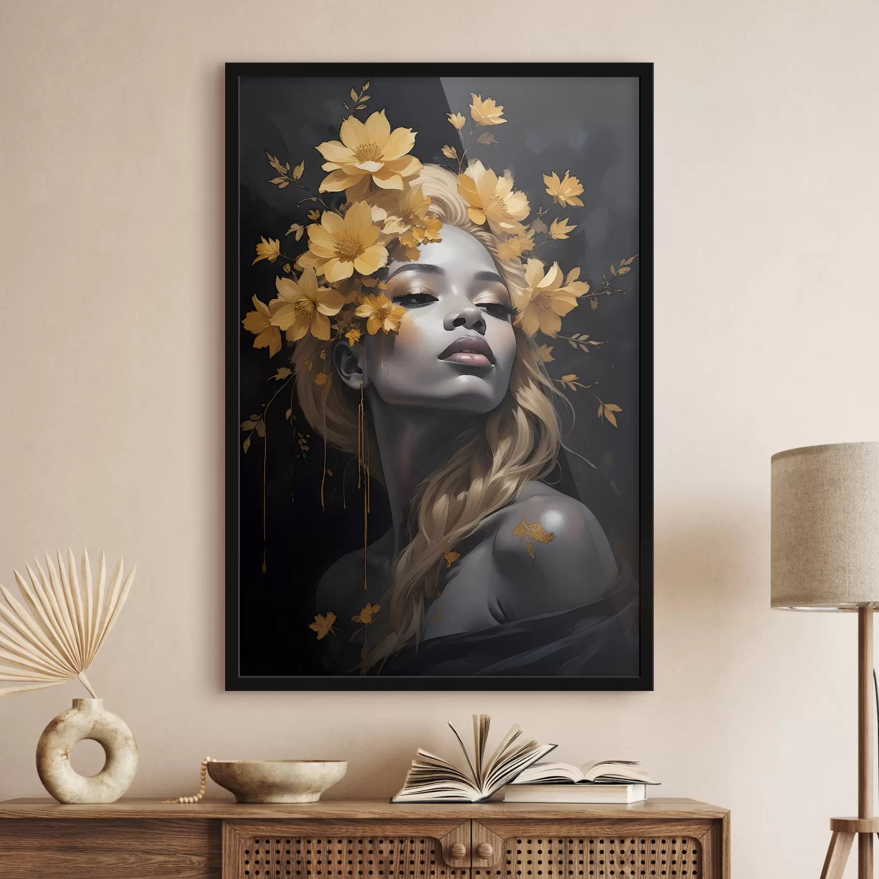 Fototapetai Jaunos moters portretas, apsuptas geltono  rudens lapų tamsiame fone f38834