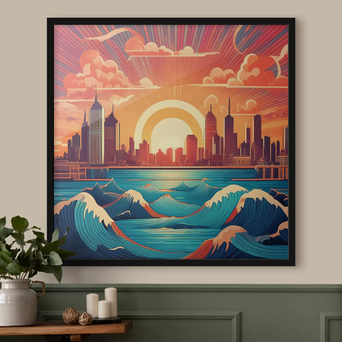 Plakatas Saulėtekis virš miesto prie jūros, piešiantis retro stiliumi f38810