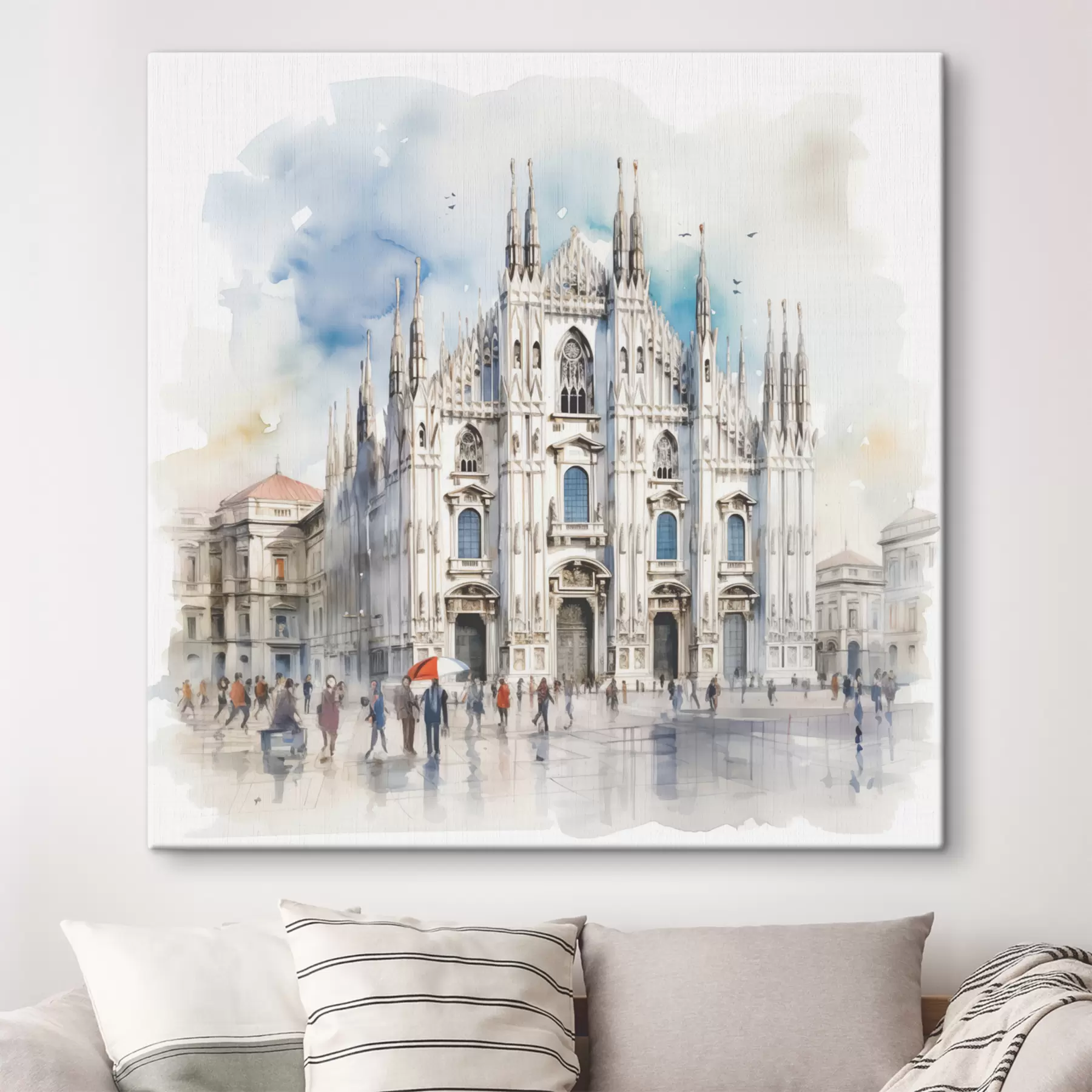 Fototapetai Duomo katedra Milane, architektūra, miestas, lietus, akvarelė, mėlyna, pilka, vaikštantys žmonės s38938