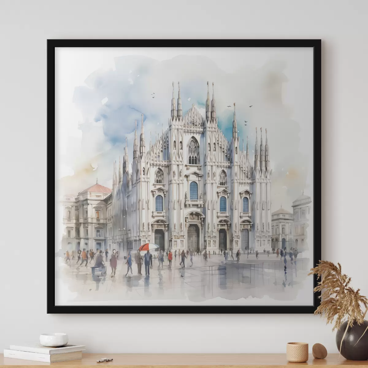 Plakatas Milano Duomo, architektūra, miestas, lietus, akvarelė, mėlyna, pilka, žmonės vaikšto f38938
