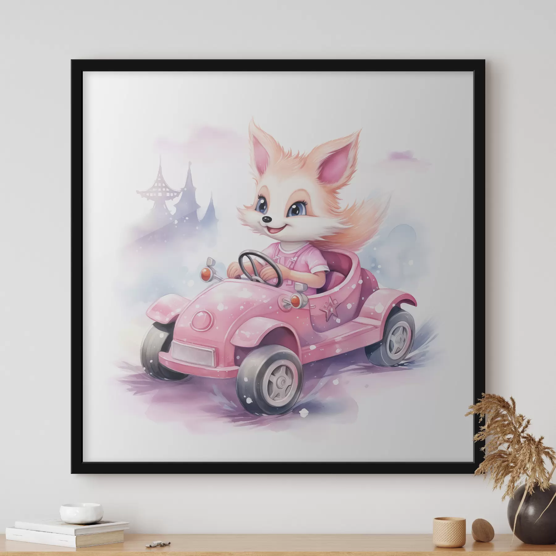Fototapetai Lapė vairuoja rožinį automobilį. Akvarelinė iliustracija vaikams f38943