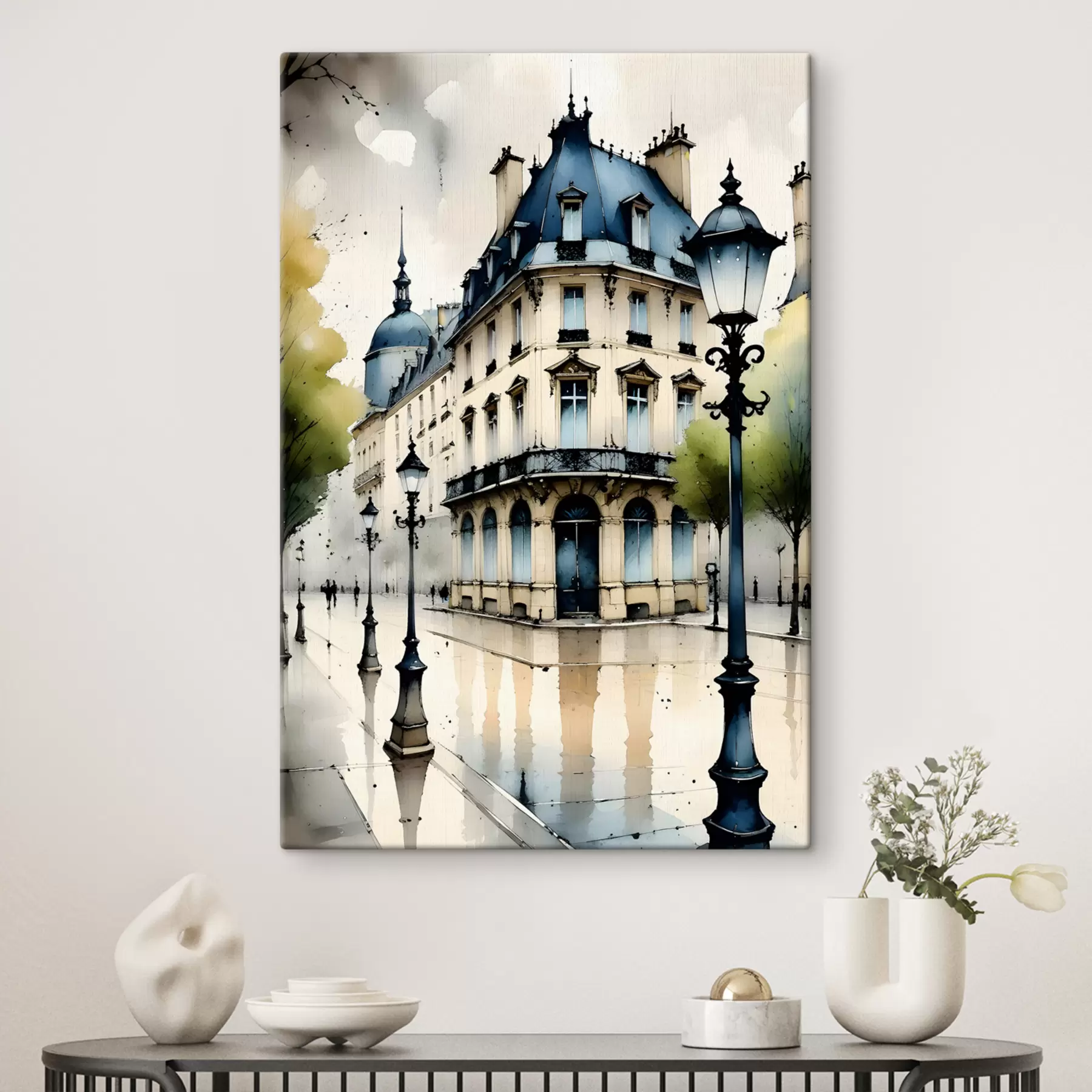 Fototapetai Istorinio pastato tapyba akvarele su lenktu fasadu ir dekoratyviniais architektūros elementais s38975