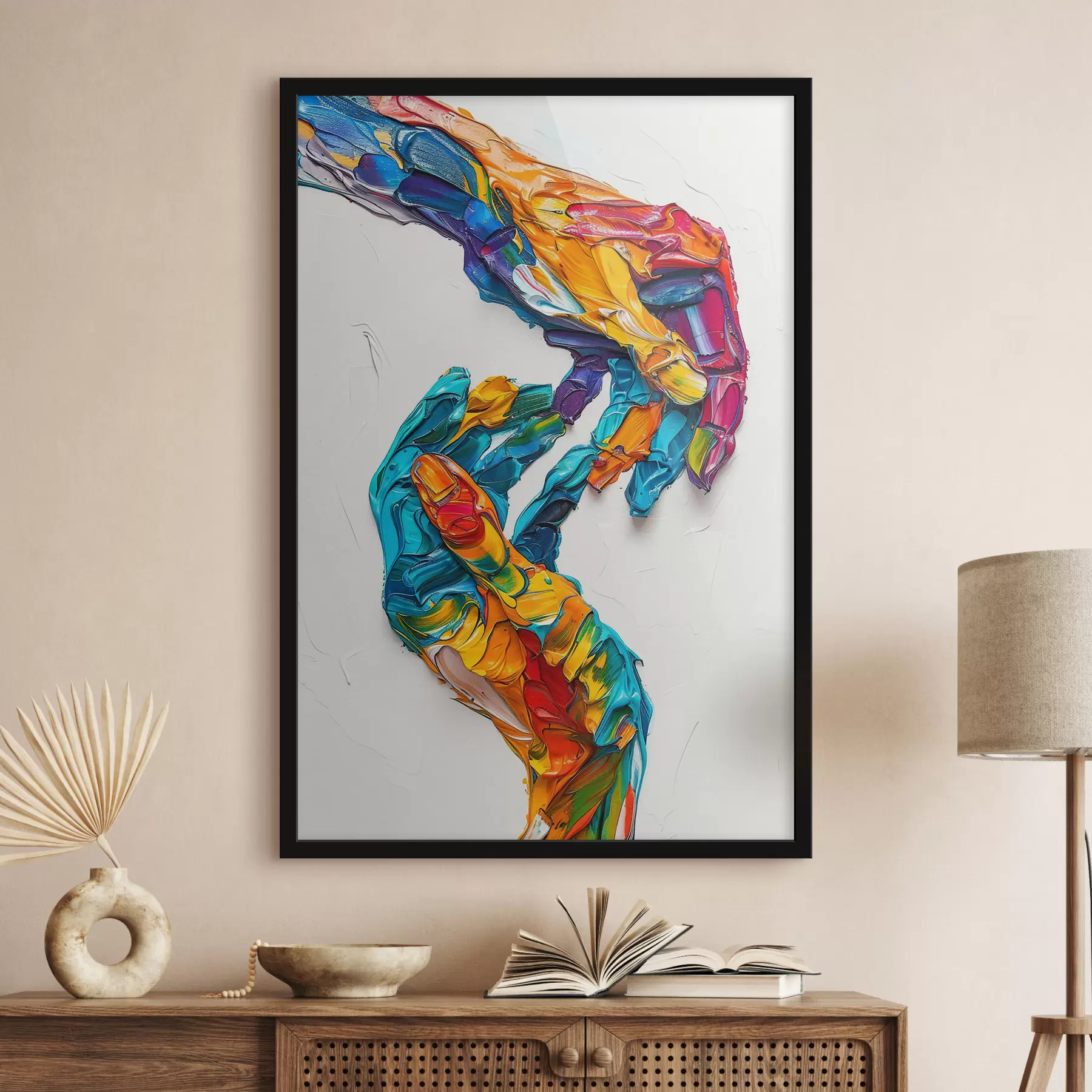 Fototapetai Spalvingos abstrakčios impasto aliejinės tapybos rankos su ryškiais mėlynos, oranžinės, geltonos ir raudonos spalvos teptuko potėpiais f38955