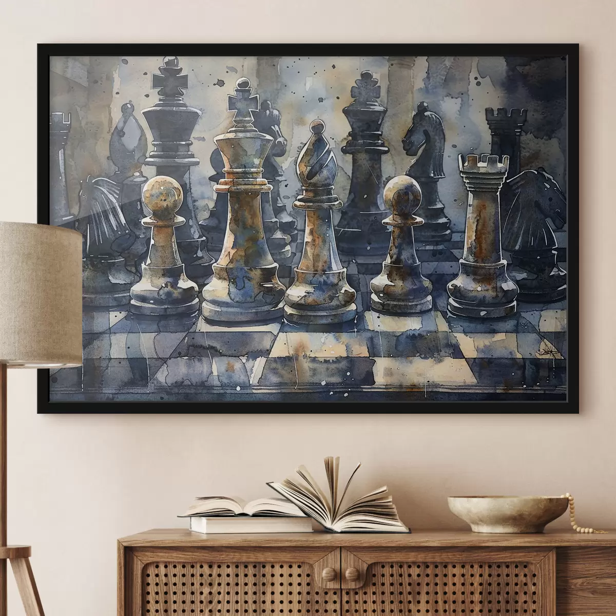Plakatas Akvarele tapybos šachmatų iš metalo arba akmens vaizdas iš arti su detaliu dizainu ir faktūromis f38960
