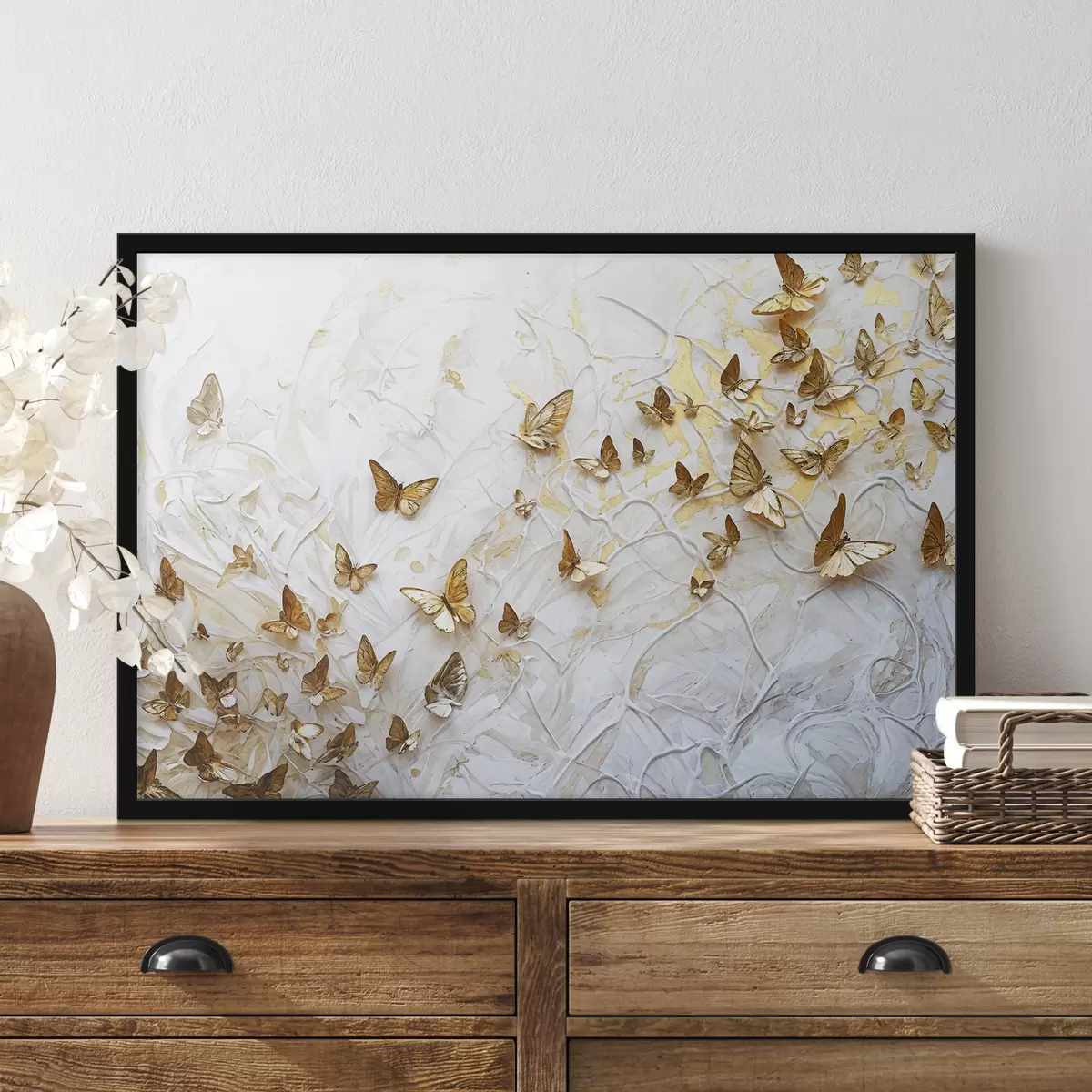 Plakatas Didelė grupė drugelių baltame fone, kurianti gražų ir įmantrų raštą f38970