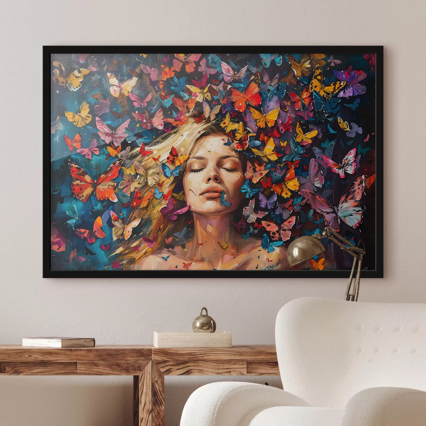 Fototapetai Aliejinis paveikslas, kuriame vaizduojama jauna moteris tamsiame fone apsupta spiečiaus spalvingų drugelių f38972