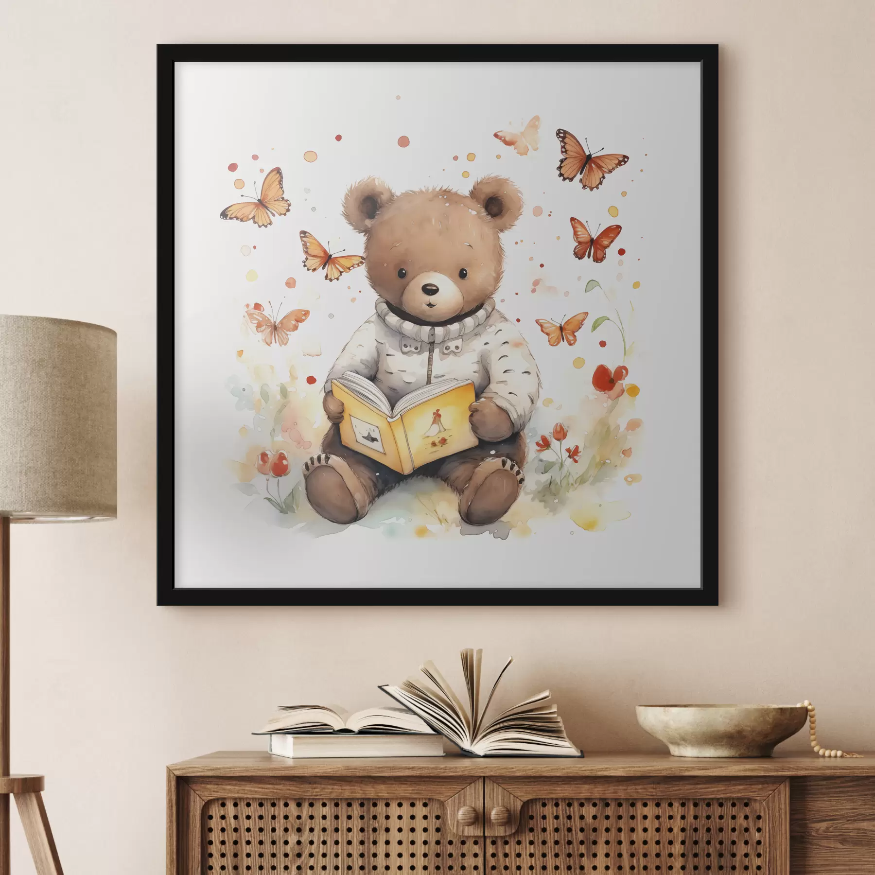 Fototapetai Rudas lokys su megztiniu skaito knygą akvarelinių drugelių apsuptyje f39025