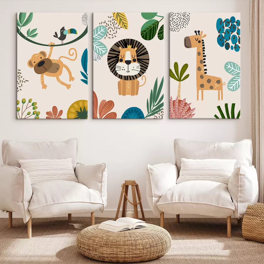 Paveikslėlis Gyvūnai džiunglėse safari, boho stiliaus: beždžionė, liūtas, žirafa m00332