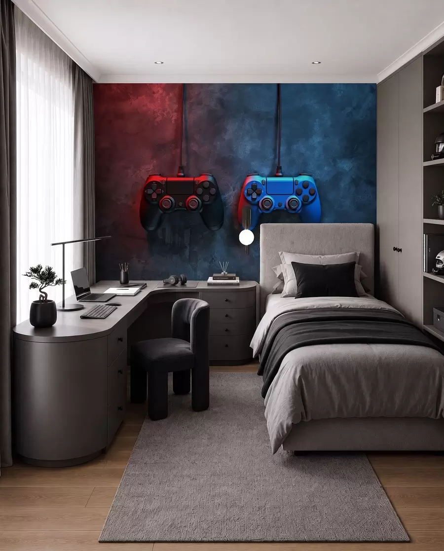 Fototapetai juoda ir mėlyna DualShock tamsiame fone w01189