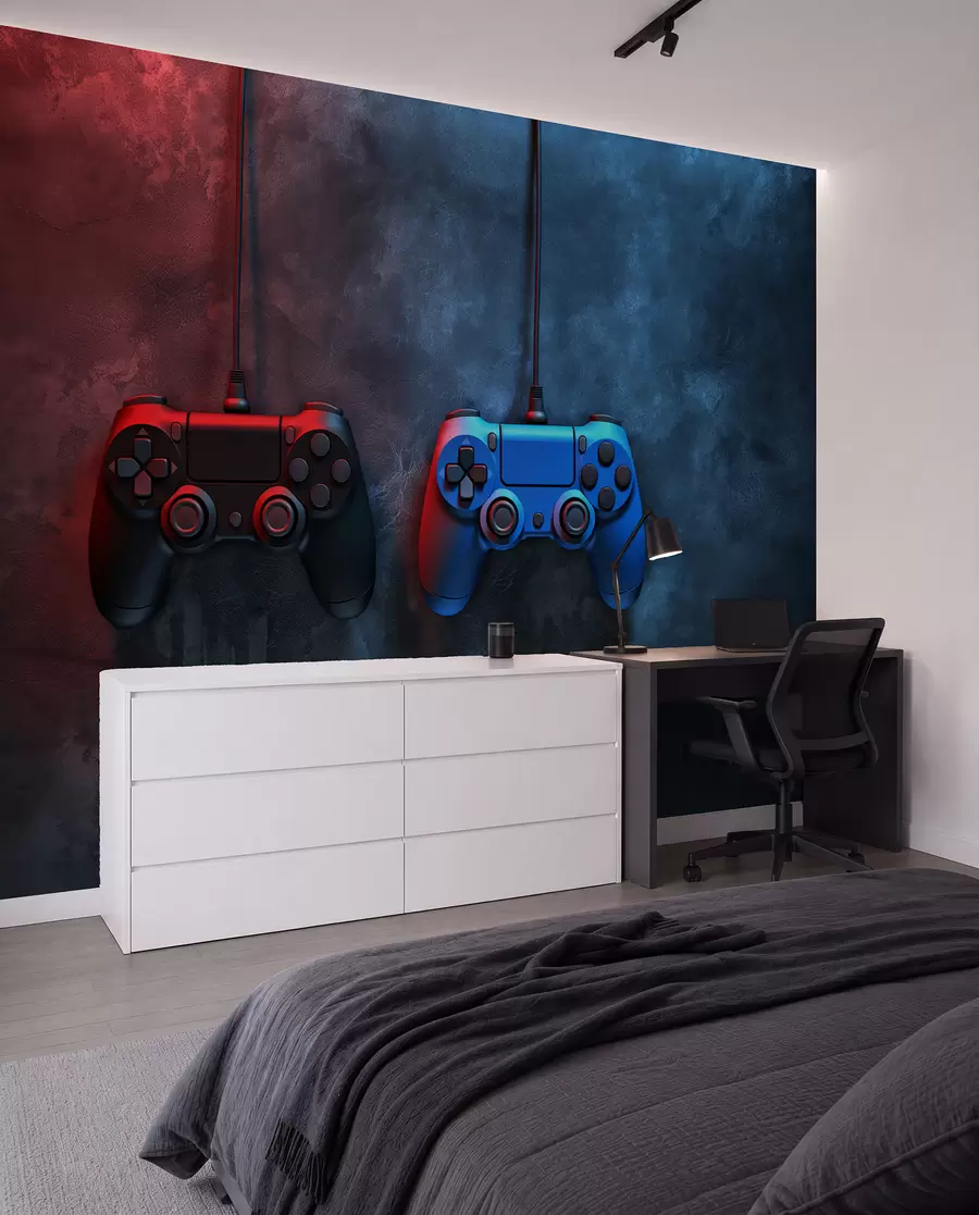 Fototapetai juoda ir mėlyna DualShock tamsiame fone w01189