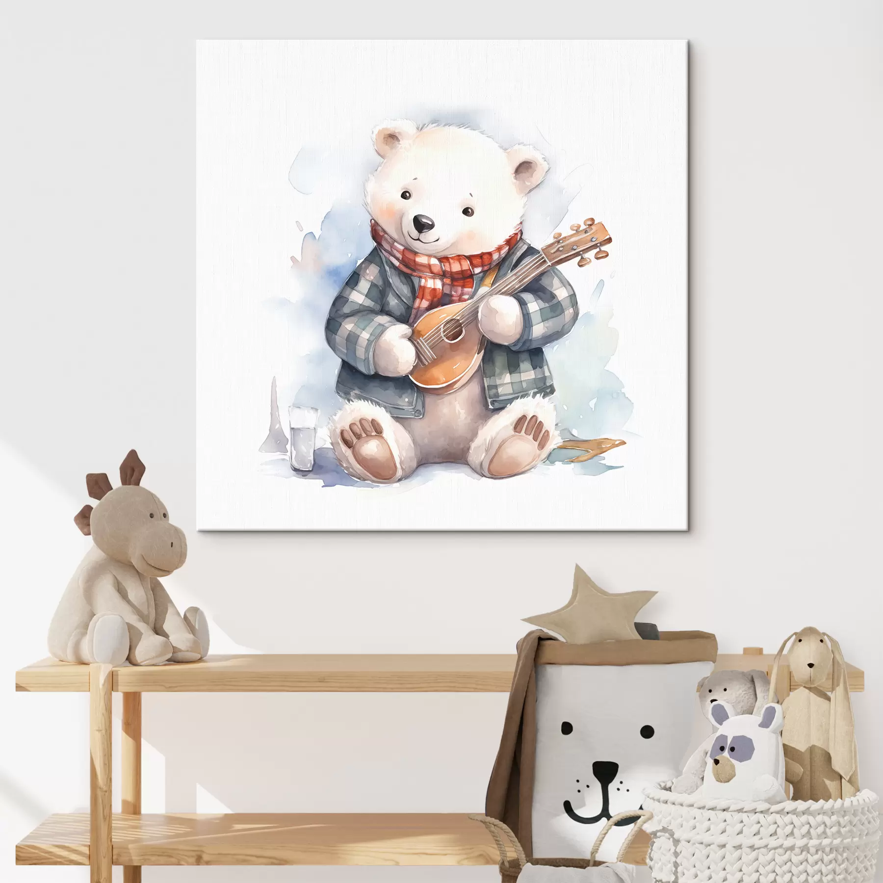 Paveikslėlis Baltasis lokys muzikantas mėlynu languotu kostiumu ir raudona skarele groja gitara vaikiška akvarelės iliustracija s39120