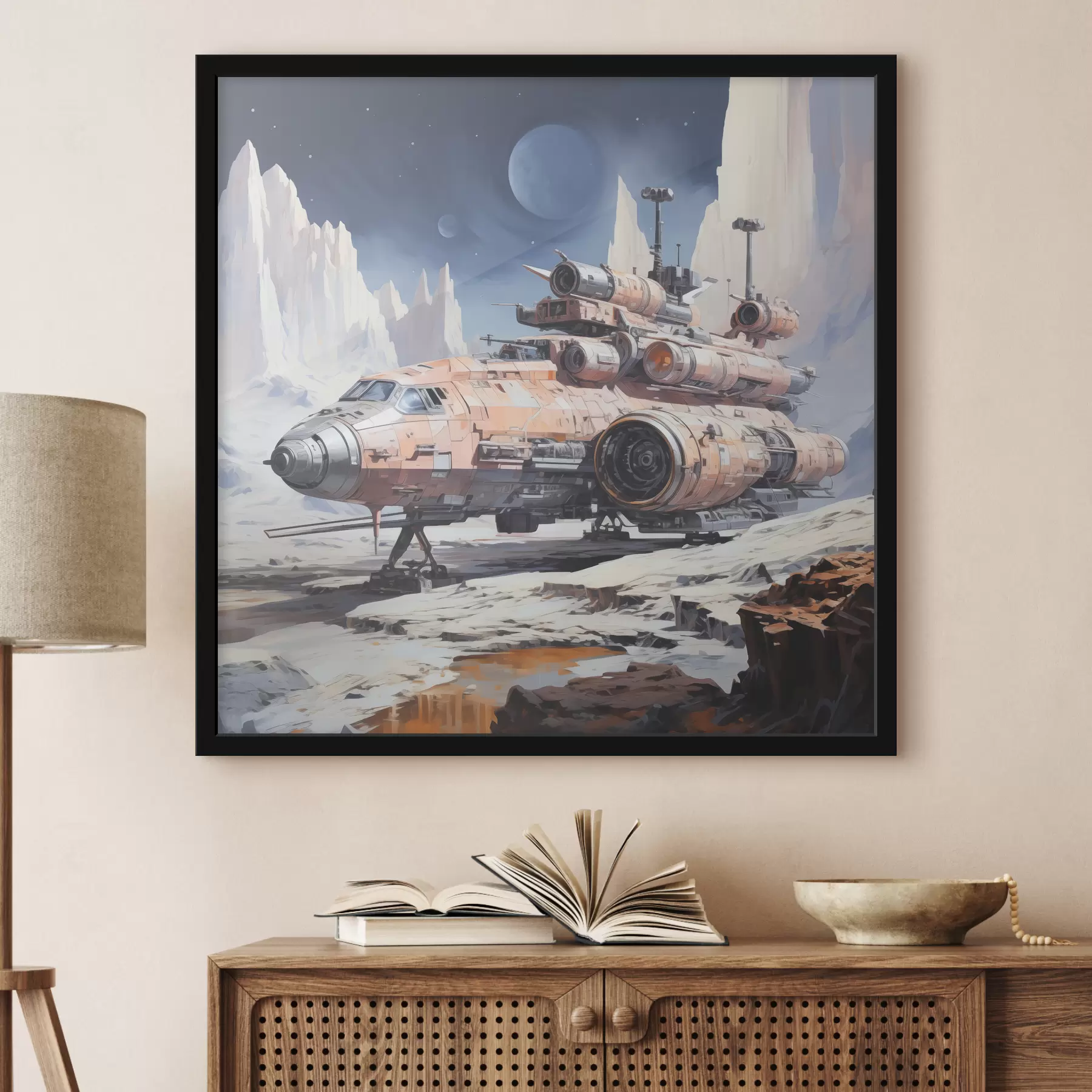 Fototapetai Kiberpanko stiliaus erdvėlaivis stovi ant Mėnulio paviršiaus kosmose tarp kalnų, mėlynos, smėlio, baltos spalvos f39114