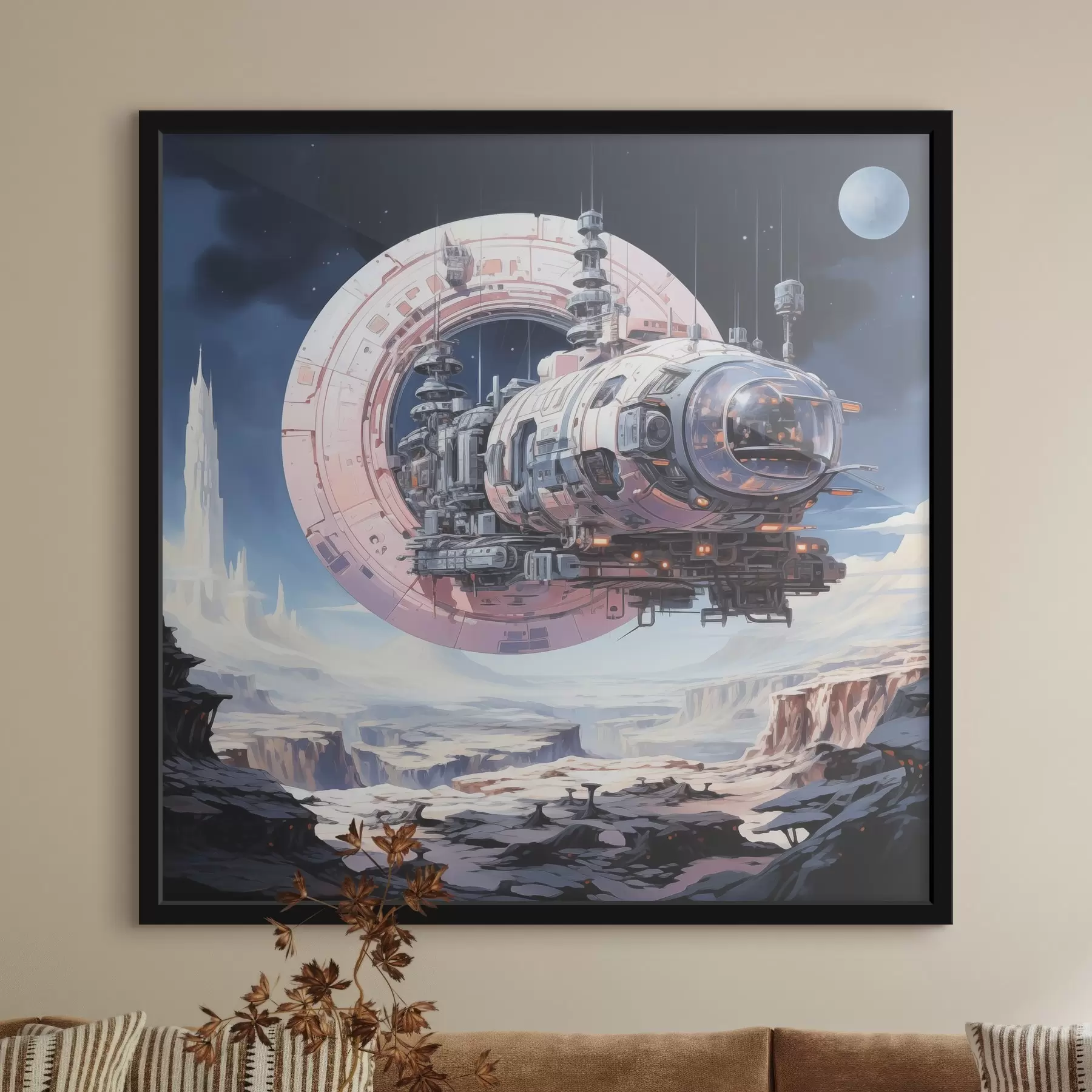 Fototapetai Kiberpanko stiliaus erdvėlaivis skrenda erdvėje virš asteroido ir planetos, mėlyna, smėlio, rožinė, balta spalva f39115
