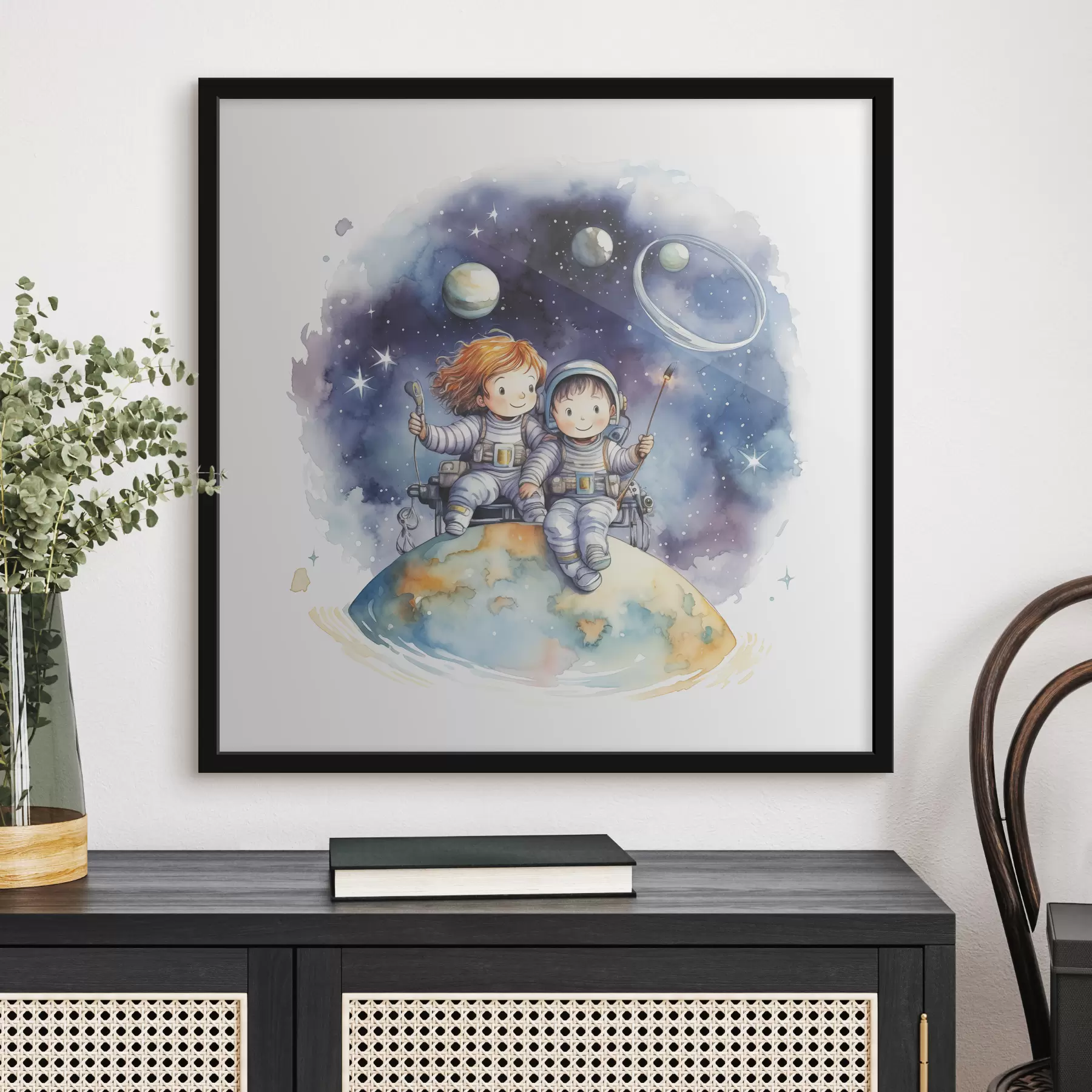 Fototapetai Vaikai su kosminiais kostiumais sėdi planetoje kosmose akvarelinė iliustracija vaikams f39117