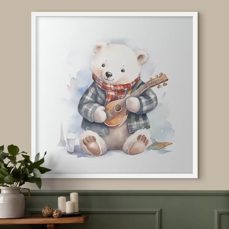 Fototapetai Mėlynu languotu kostiumu ir raudonu šaliku vilkintis baltasis lokys muzikantas groja gitara akvarelinė iliustracija vaikams f39120