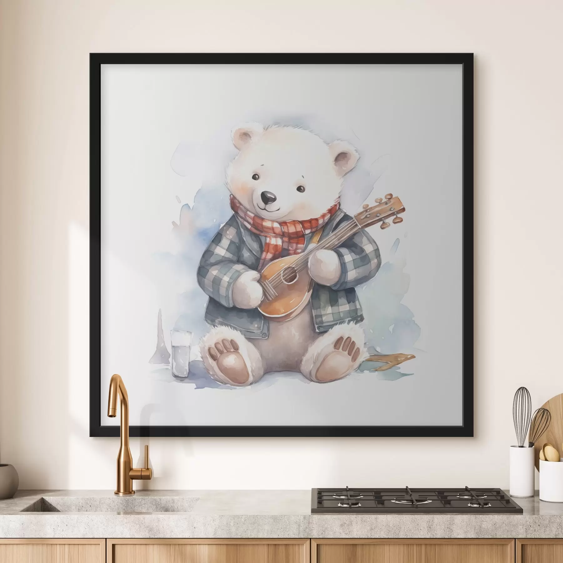 Fototapetai Mėlynu languotu kostiumu ir raudonu šaliku vilkintis baltasis lokys muzikantas groja gitara akvarelinė iliustracija vaikams f39120