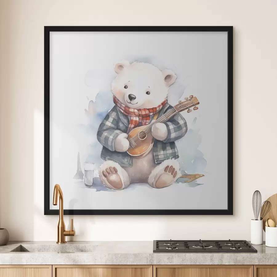 Fototapetai Mėlynu languotu kostiumu ir raudonu šaliku vilkintis baltasis lokys muzikantas groja gitara akvarelinė iliustracija vaikams f39120