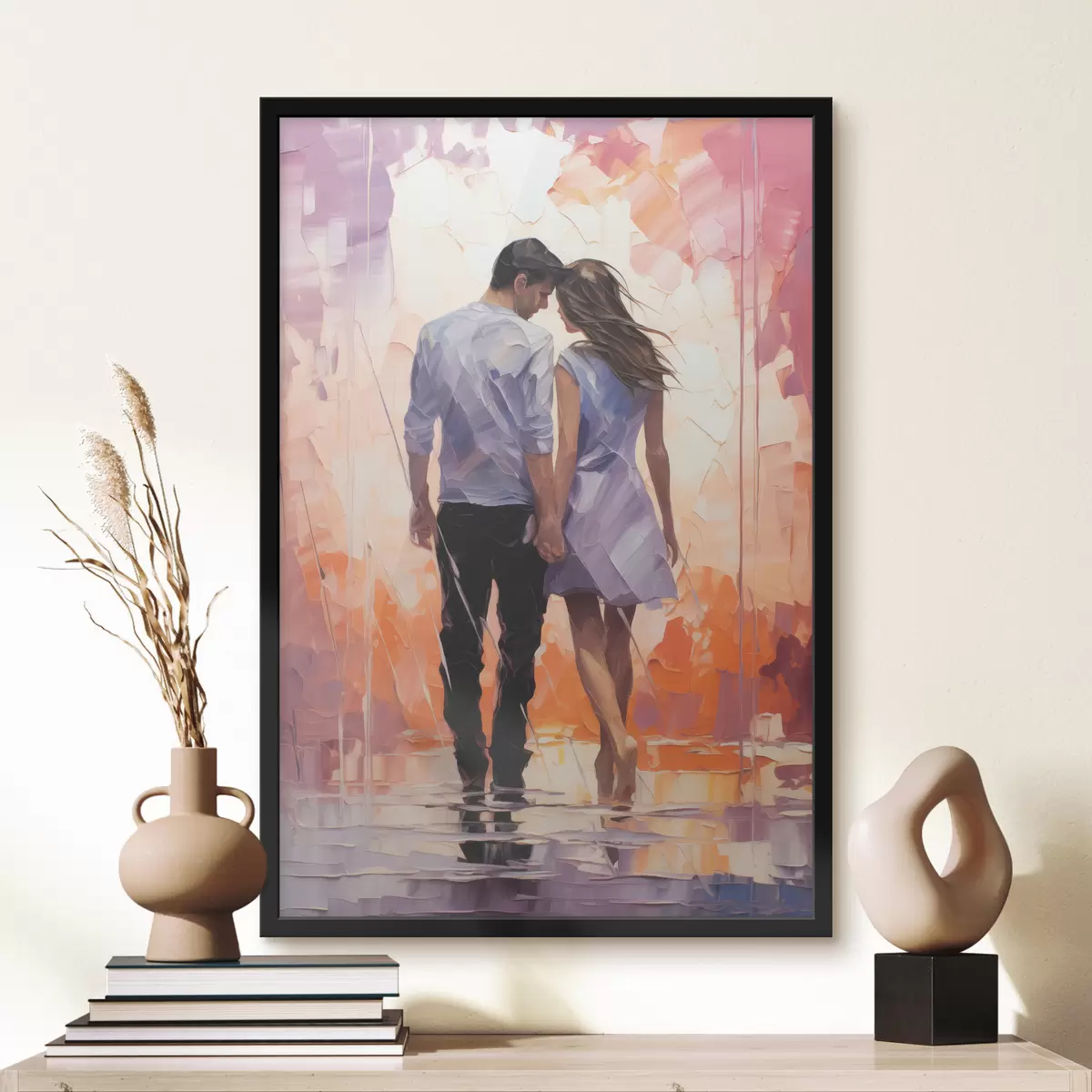 Plakatas Įsimylėjusios poros siluetas abstraktus paveikslas, mergina ir vaikinas, rožinė, oranžinė, violetinė, juoda spalva f39124