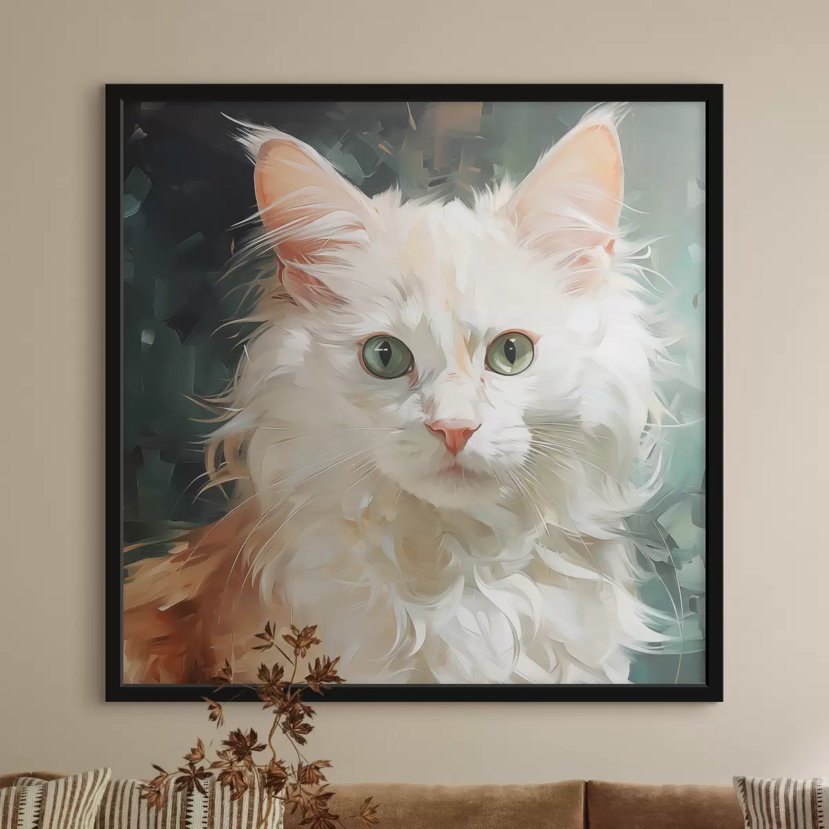 Plakatas Balta pūkuota katė žaliomis akimis žaliame portreto fone f39132
