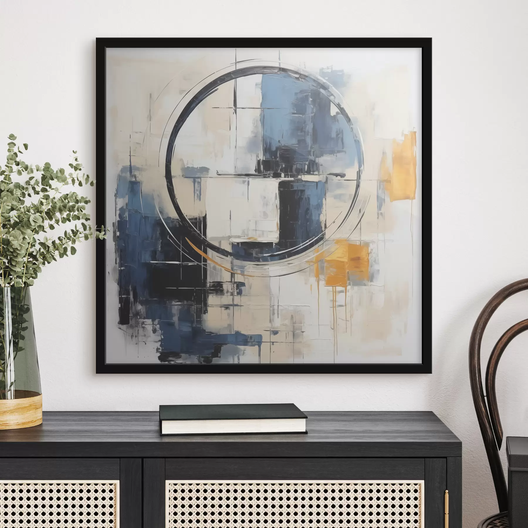 Fototapetai Abstraktus kubizmas, mėlynos, oranžinės, baltos spalvos potėpiai, apskrita figūra f39179