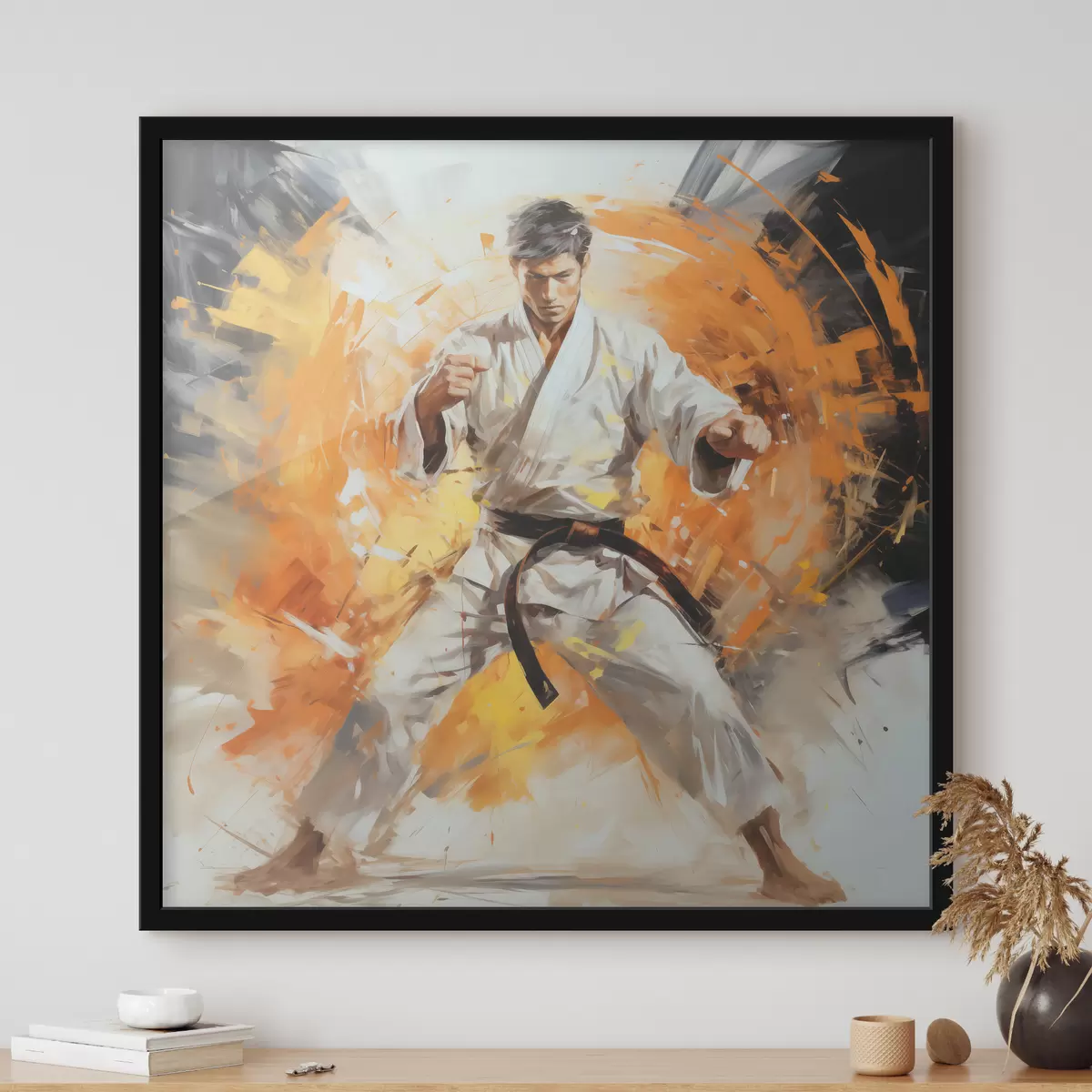 Plakatas Karateka baltu kostiumu su juodu diržu aliejinis paveikslas abstraktus menas, oranžinės ir juodos spalvos f39185