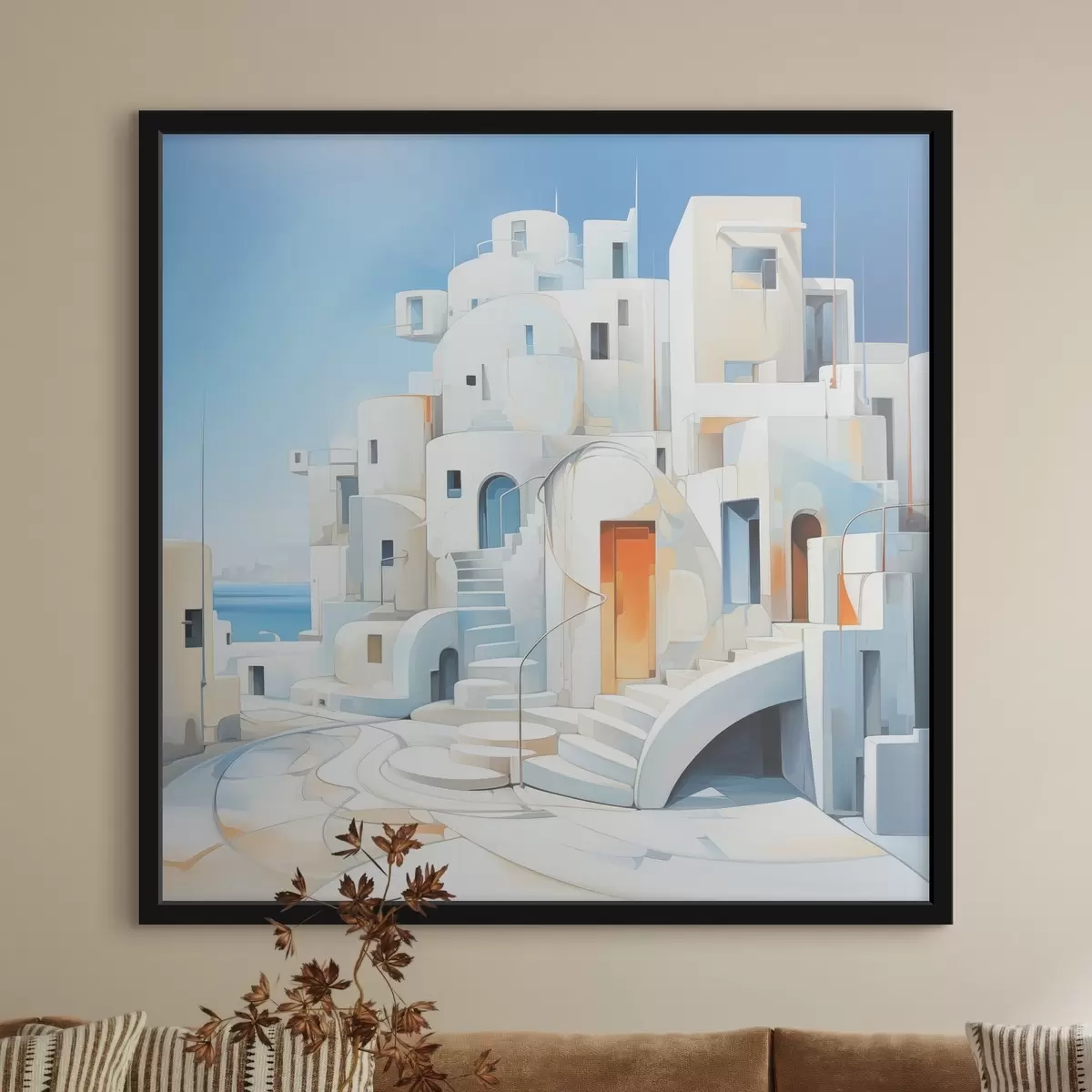 Plakatas Abstraktus baltas miestas prie jūros, architektūra, pastatas, mėlyna spalva f39188