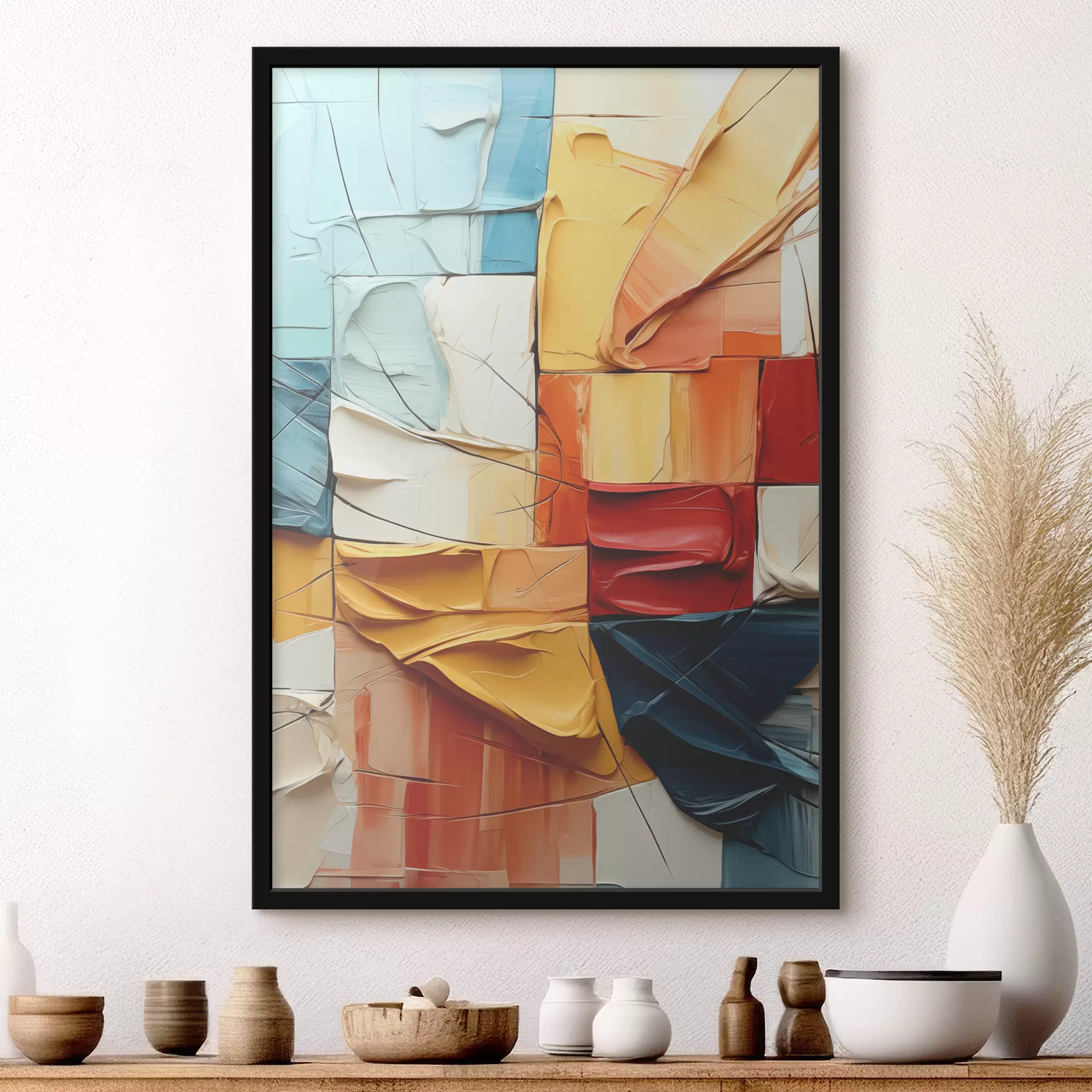 Paveikslėlis Ryškių dažų gabalėliai su įtrūkimais, kvadratėliais, kubizmo tapyba f39196