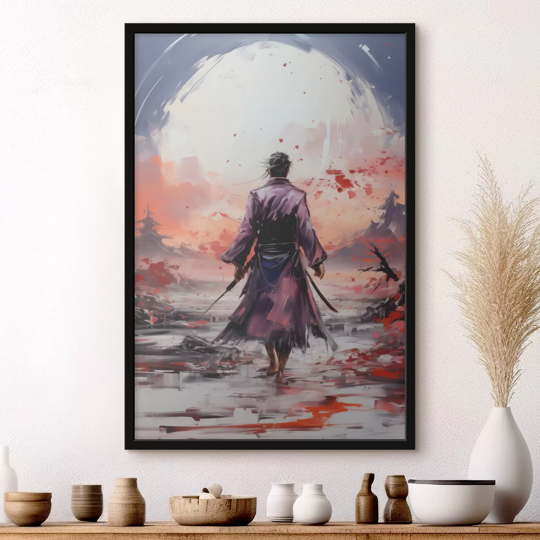 Fototapetai Samurajus su kardu violetiniu apsiaustu eina link kalnų abstrakčiojo meno tapybos f39194