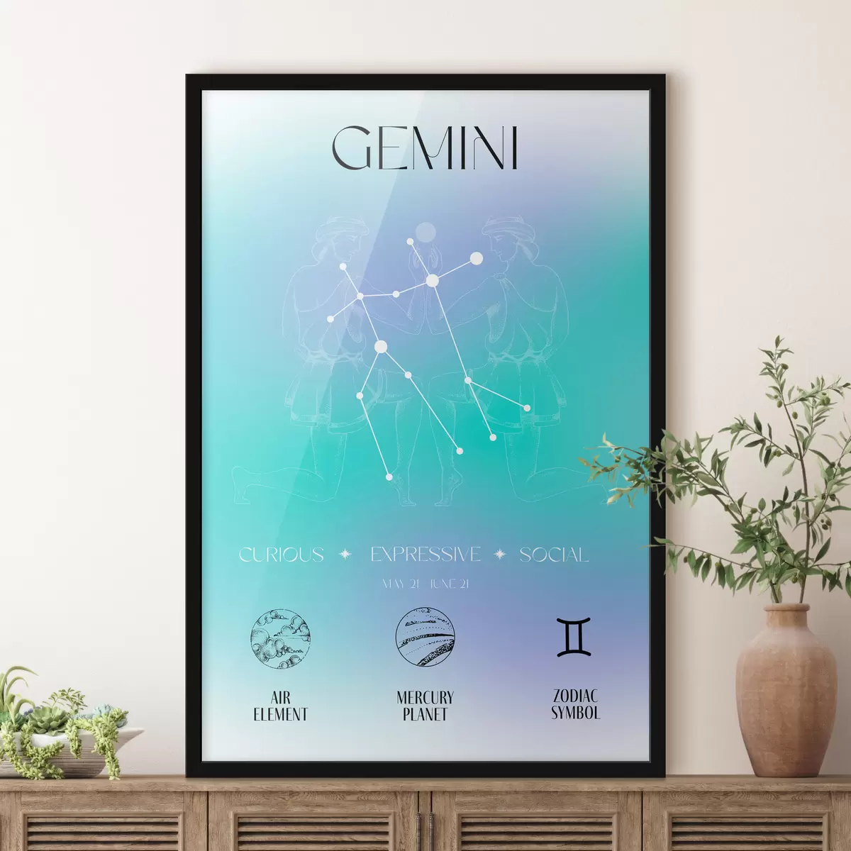 Plakatas Dvynių zodiako ženklas, žvaigždynai, kosminis, planetos, astrologija, mėlyna ir violetinė spalvos f39279