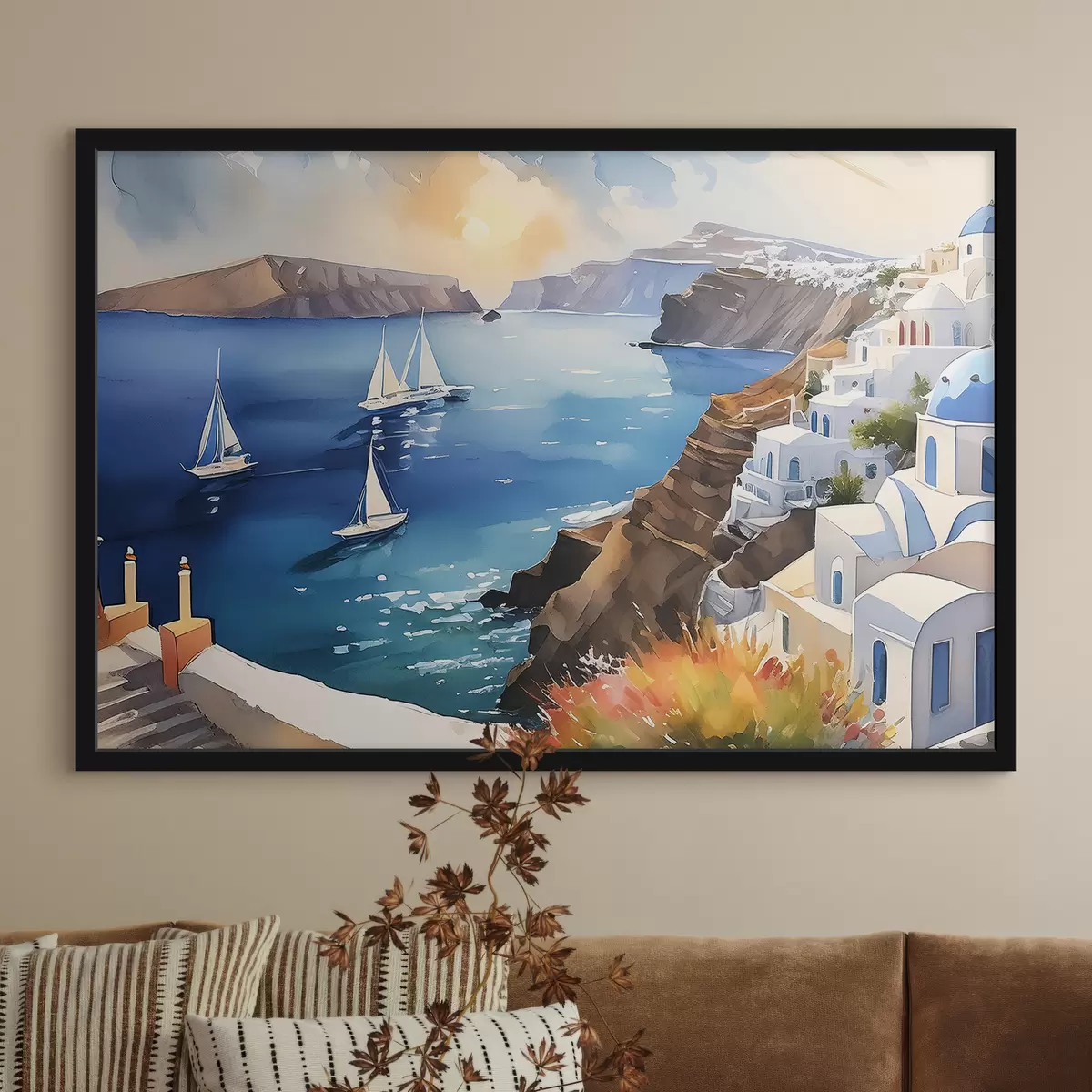 Plakatas gražus Santorinio miestas prie jūros f39303