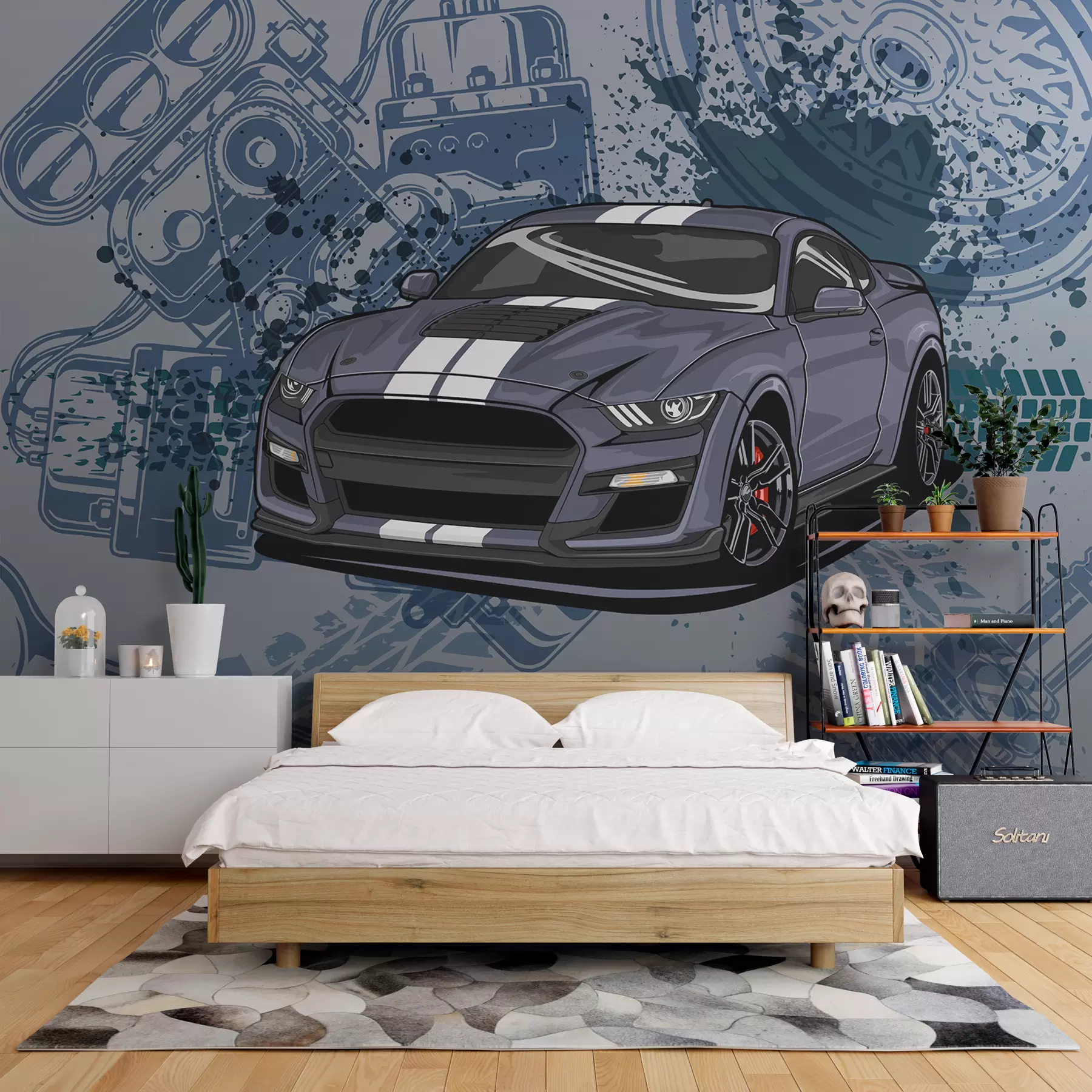 Fototapetai Vaikiški tapetai paaugliams su automobiliu ir grafiniais mėlynos spalvos užrašais w01218