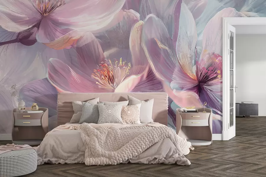 Fototapetai Švelnios permatomos pastelinės neoninės šviesiai rožinės ir baltos gėlės su švelniu, neryškiu fonu w01307