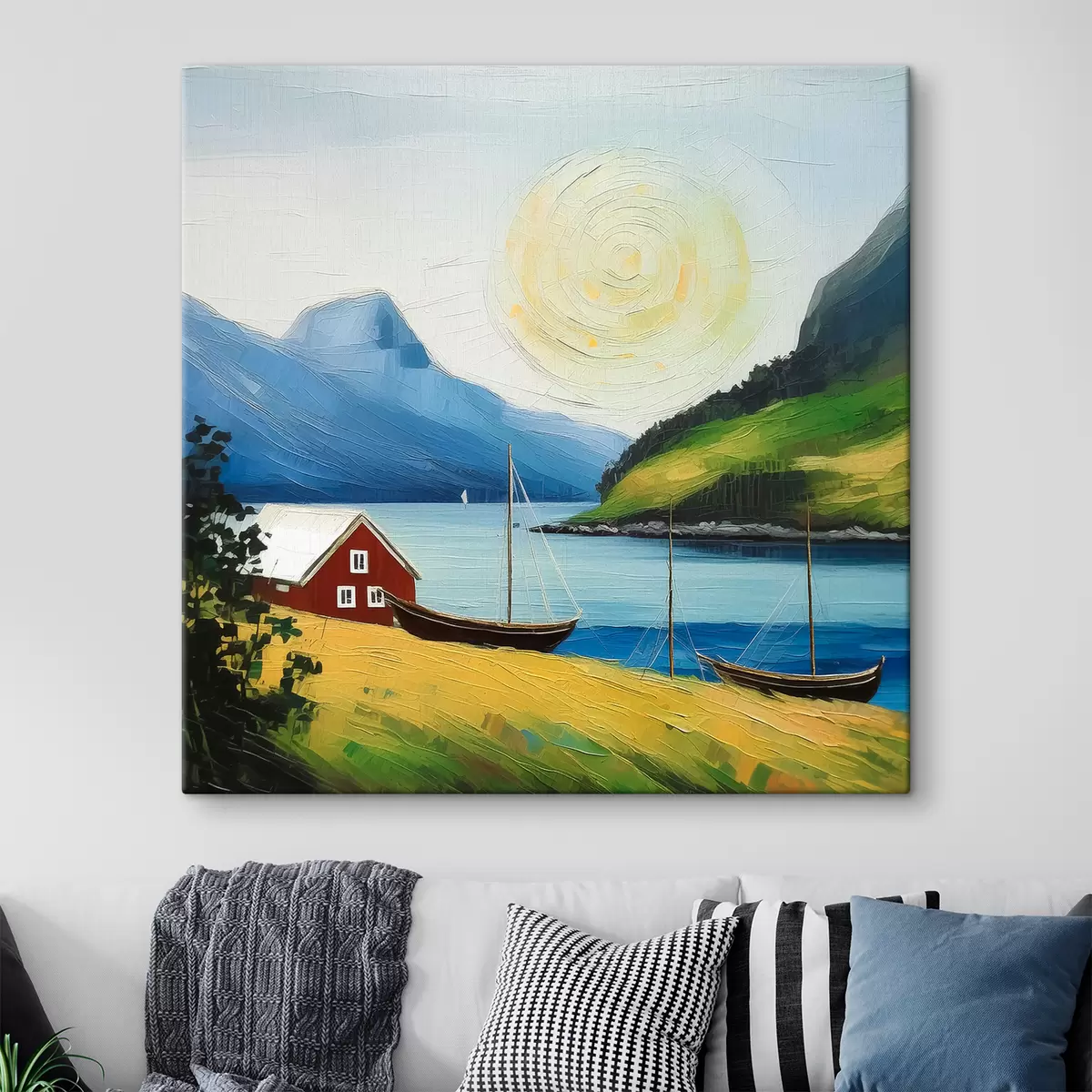 Paveikslėlis Šiaurės šalių vasara, namelis ant jūros kranto, saulė mėlyname danguje, kalnai s39423