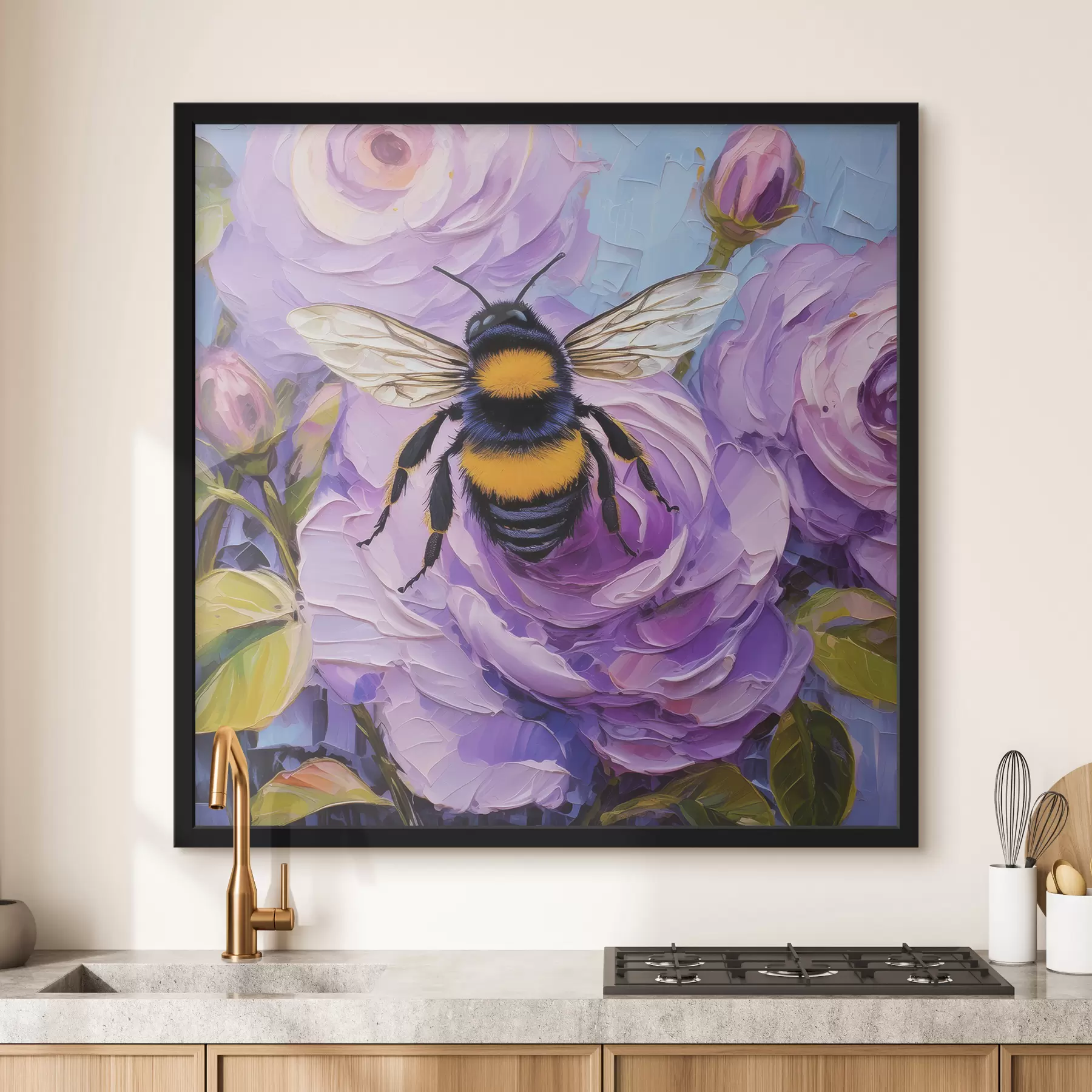 Fototapetai Bitė ant rožinių bijūnų, spalvingos vasaros gėlės, tapyba aliejiniais dažais, ryškūs potėpiai teptuku f39411