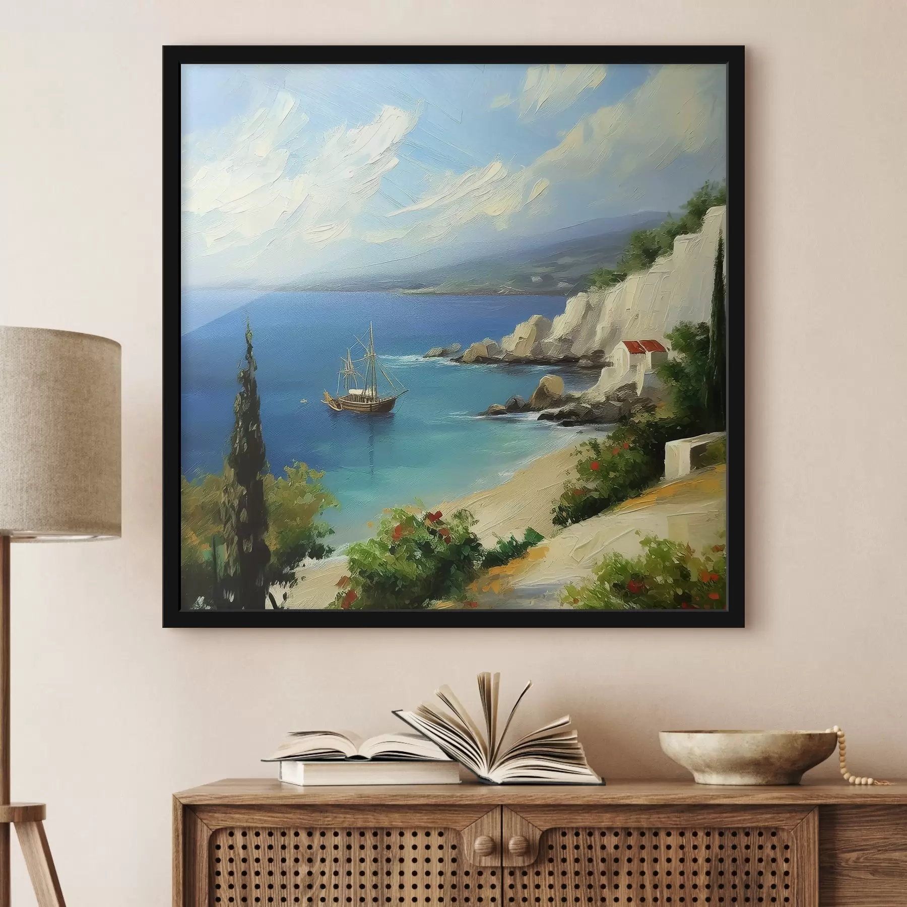 Fototapetai Graikijos jūros pakrantė, laivas, mėlynas vanduo, aliejinė tapyba, vasaros gamta, uolos, ryškūs teptuko potėpiai f39425