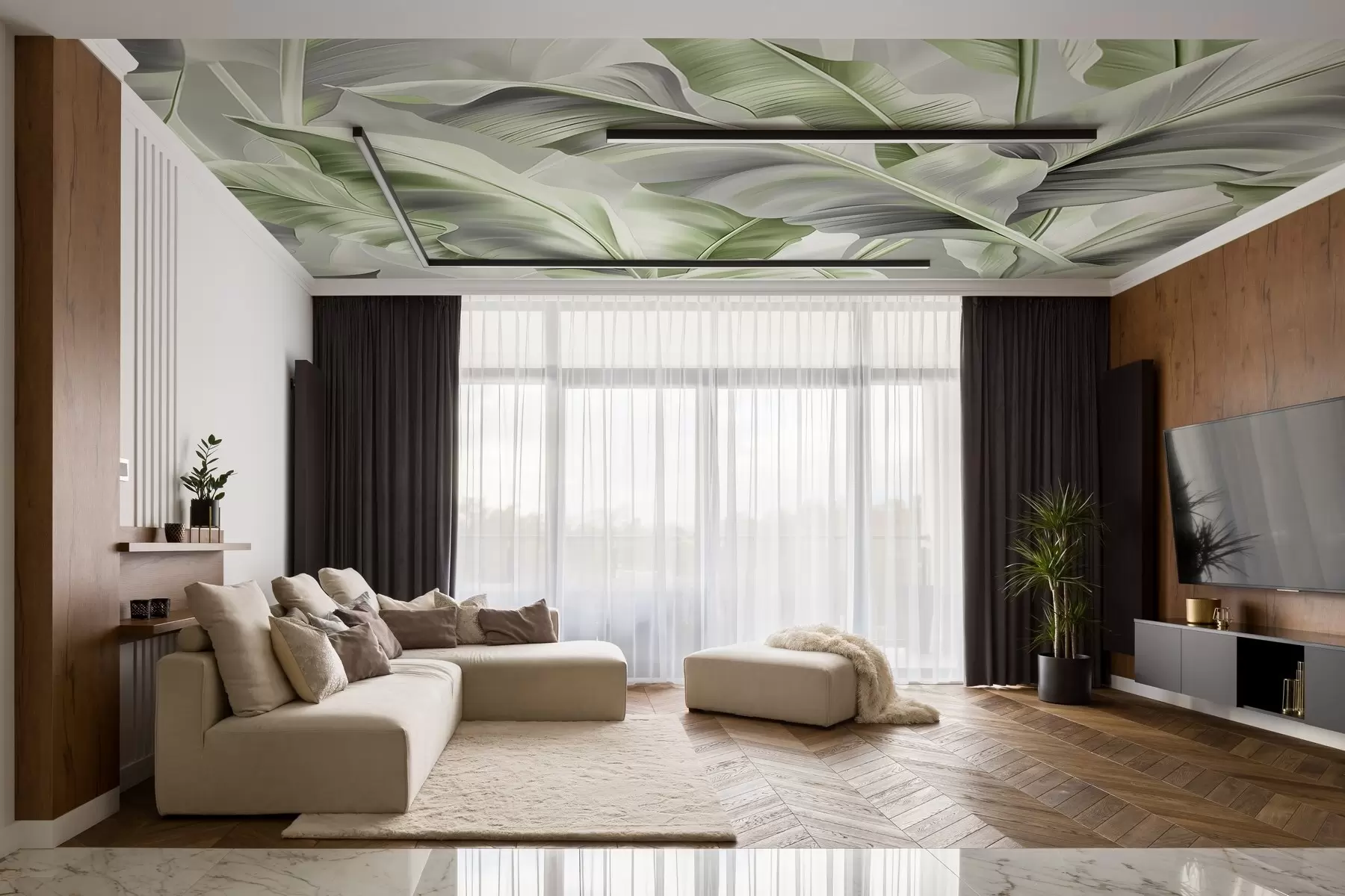 Fototapetai prabangūs dideli bananų lapai pilkai žaliais tonais w07876v3