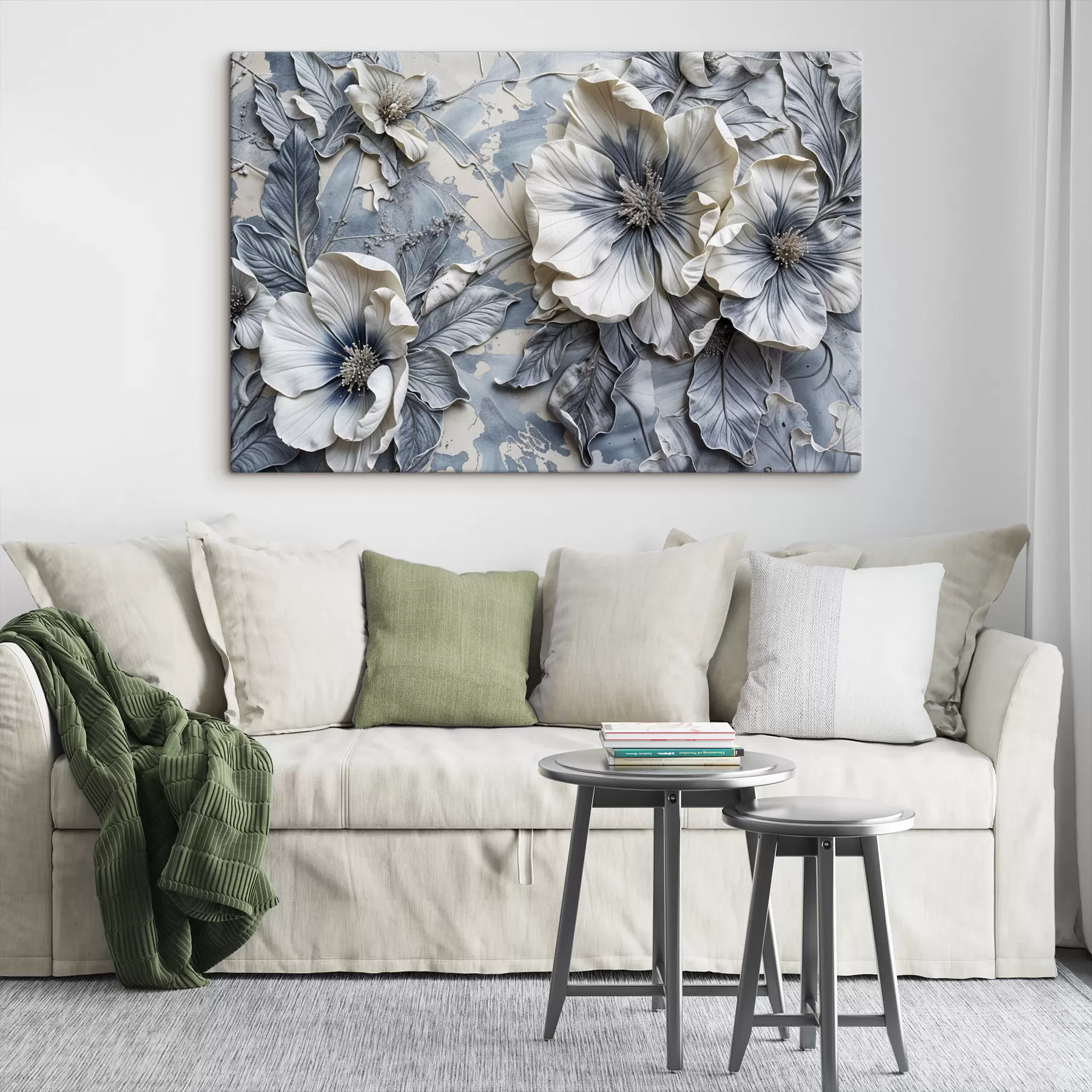 Fototapetai Didelis pilkos ir baltos spalvos aliejaus paveikslas su gėlėmis su įmantriomis detalėmis minkštame, neryškiame fone s39385