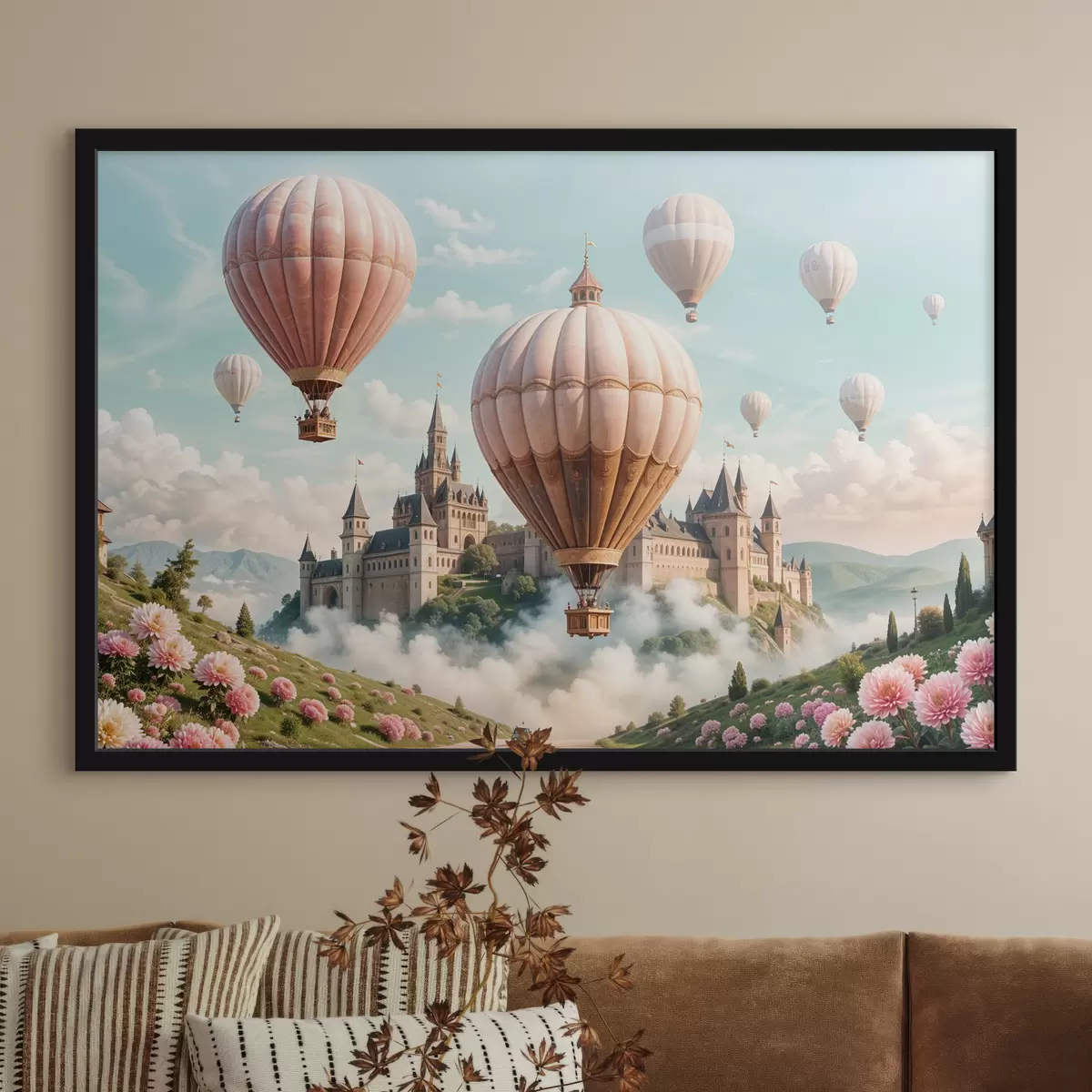 Plakatas Fantazijos pilis apsupta rožinių oro balionų, plūduriuojančių debesuotame danguje virš vešlaus, žalio kraštovaizdžio f39387