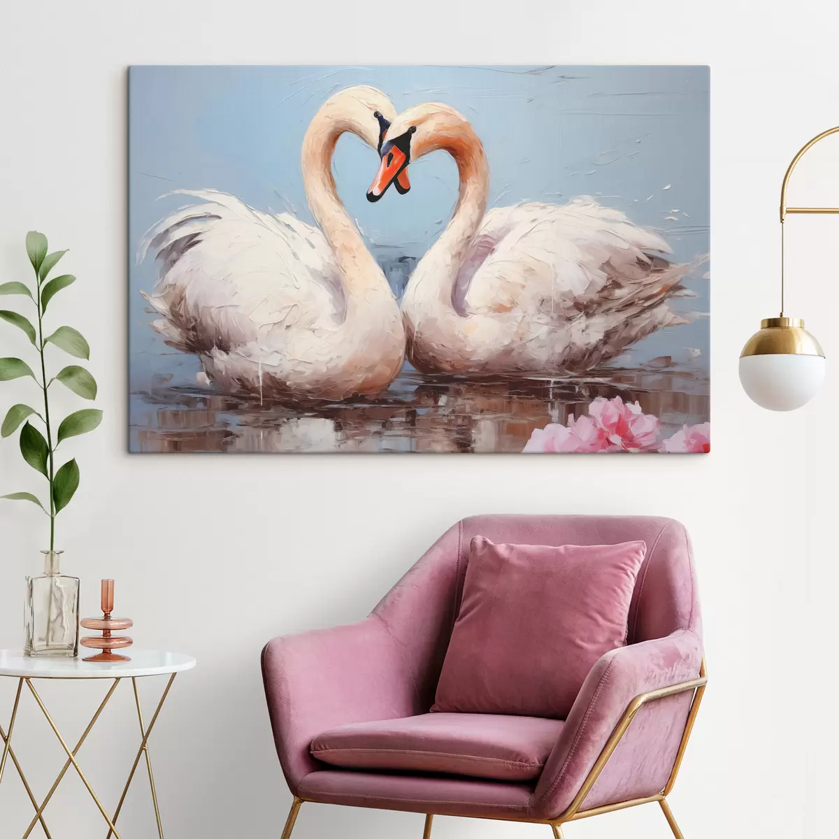 Paveikslėlis Baltų gulbių pora ant tvenkinio, aliejinė tapyba s39572