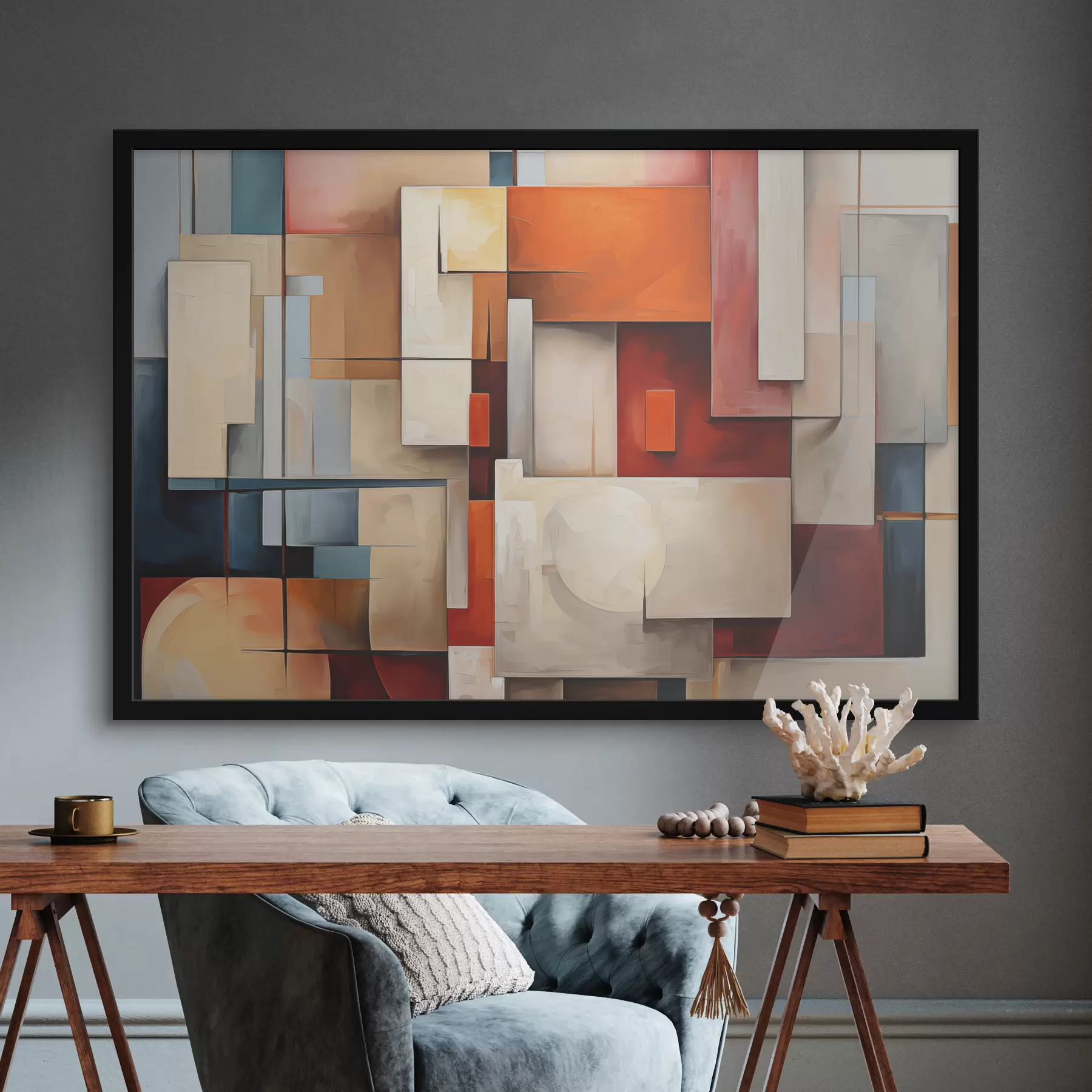 Fototapetai Abstrakcija kubizmo stiliumi, aliejinė tapyba, raudona, mėlyna, balta spalvos f39571