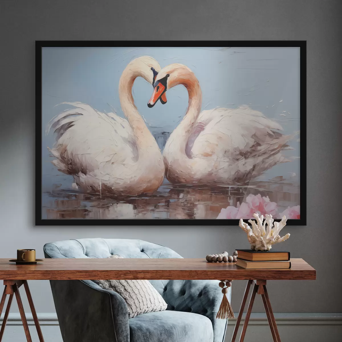 Plakatas Baltų gulbių pora ant tvenkinio, aliejinė tapyba f39572