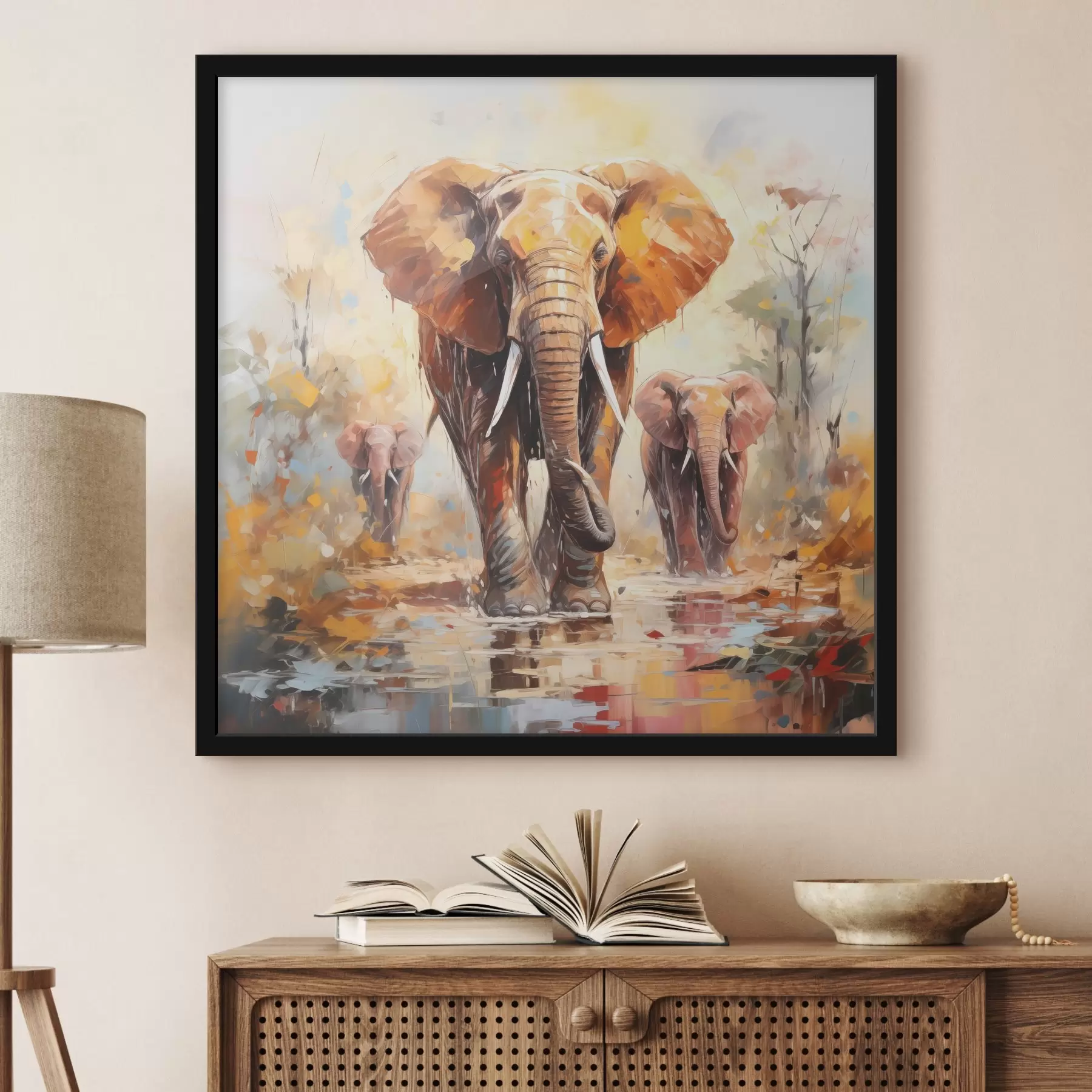 Fototapetai Dramblių banda savanoje, tapyba aliejiniais dažais, abstraktus menas f39573